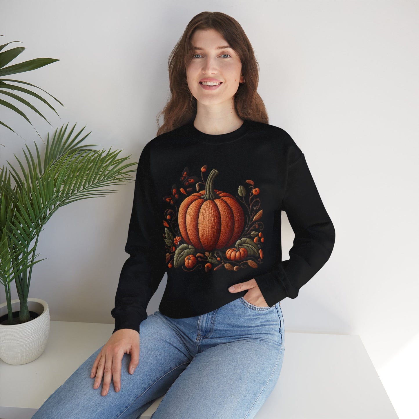 Pumpkin & Botanical Bliss โ Autumnโs Cozy Charm ๐๐ - Autumn Pumpkin Sweatshirt - Cozy Fall Apparel, Unisex Crewneck, Thanksgiving Gift, Seasonal Fashion, Pumpkin Patch Style