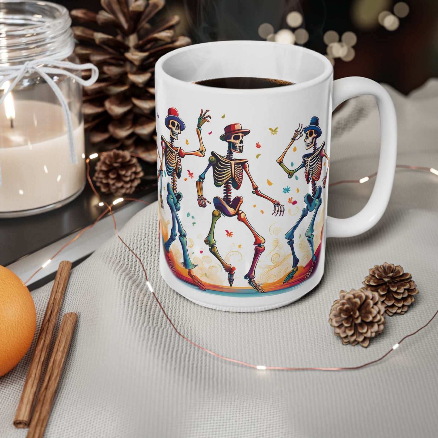 Dancing Skeletons Halloween Party - Spooky Fun Celebration Art - Festive Autumn Spirit Collection - Skeleton Dance Ceramic Coffee Cup | Fun Halloween Mug, Dia de los Muertos Gift, Unique Kitchen Decor, Quirky Drinkware, Celebration Cup