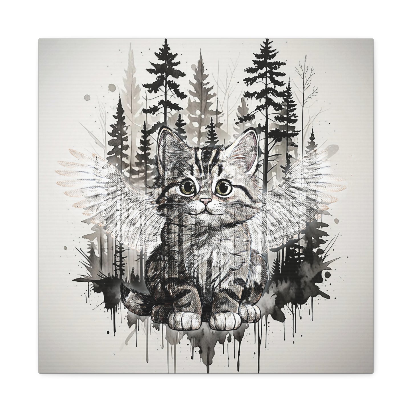 Your personal Guardian Cat Canvas Wall Art - 1.25" Stretched Matte Print with Angel Wings and Forest Theme