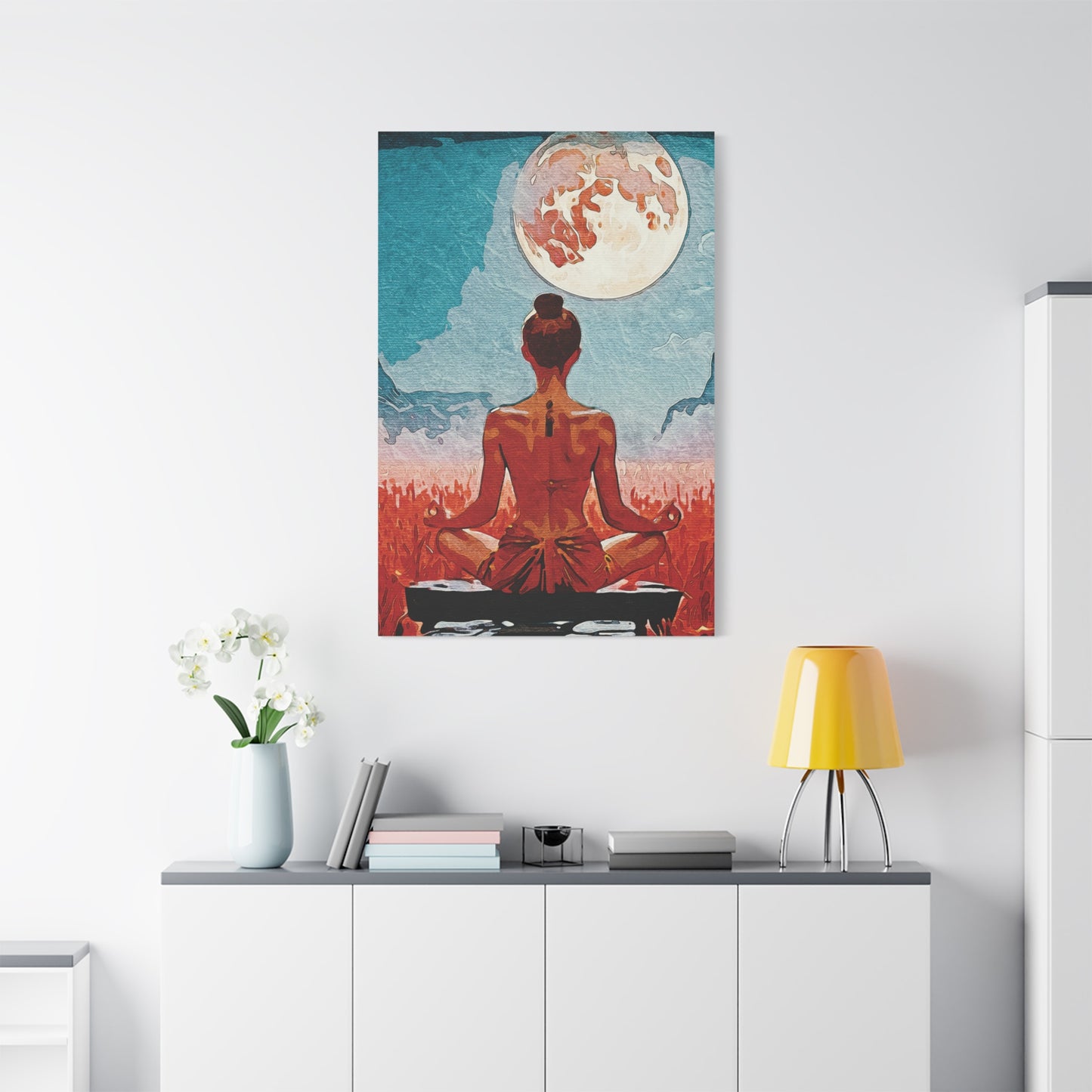 ✨Title: Serenity Under the Full Moon - Meditative Canvas Art Print, Wall Decor, Spiritual Home Decor, Yoga Room Art, Gift for Mindfulness Enthusiasts, Meditation Wall Art