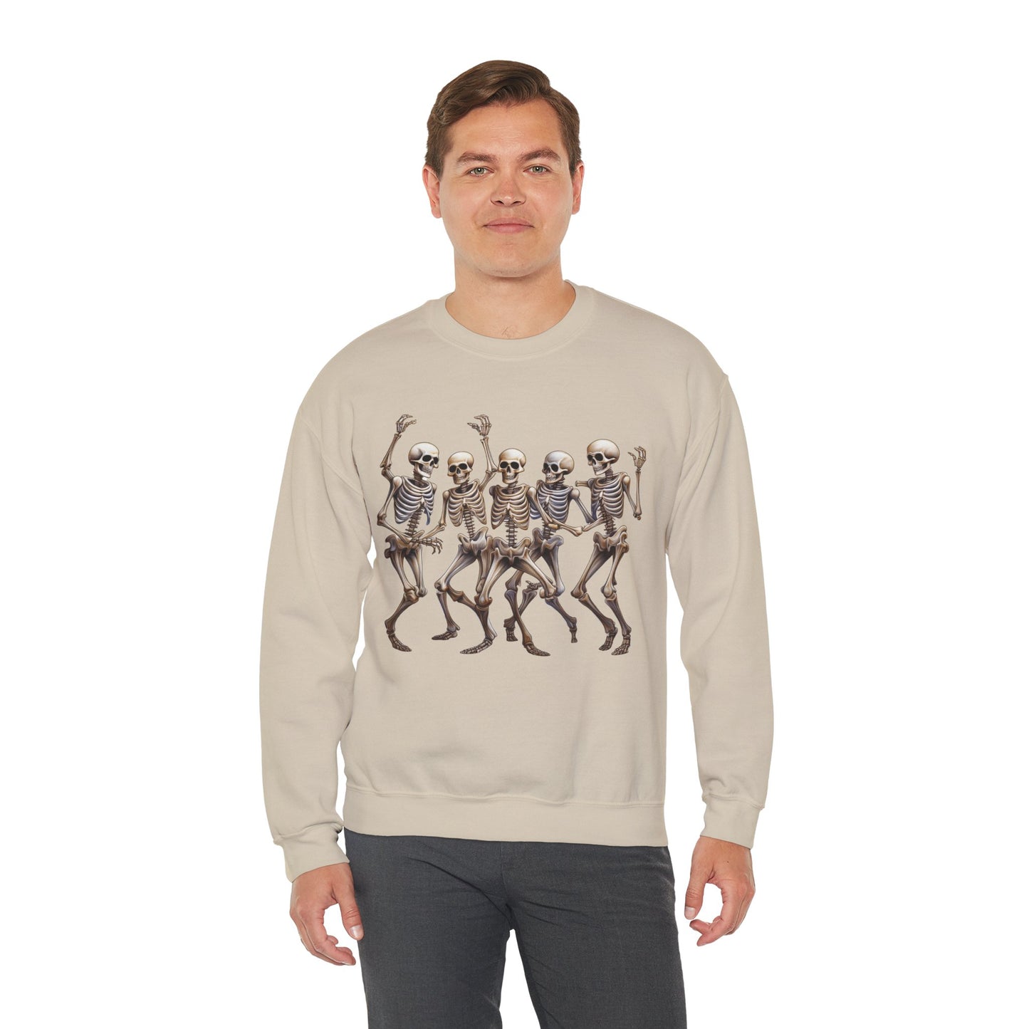 "Celebrate Life with Dancing Skeletons – Bold Apparel & Mugs that Spark Joy" - Halloween Skeleton Dance Crewneck Sweatshirt, Unisex Sweatshirt, Fall Fashion, Spooky Season Apparel, Gift for Halloween Lovers