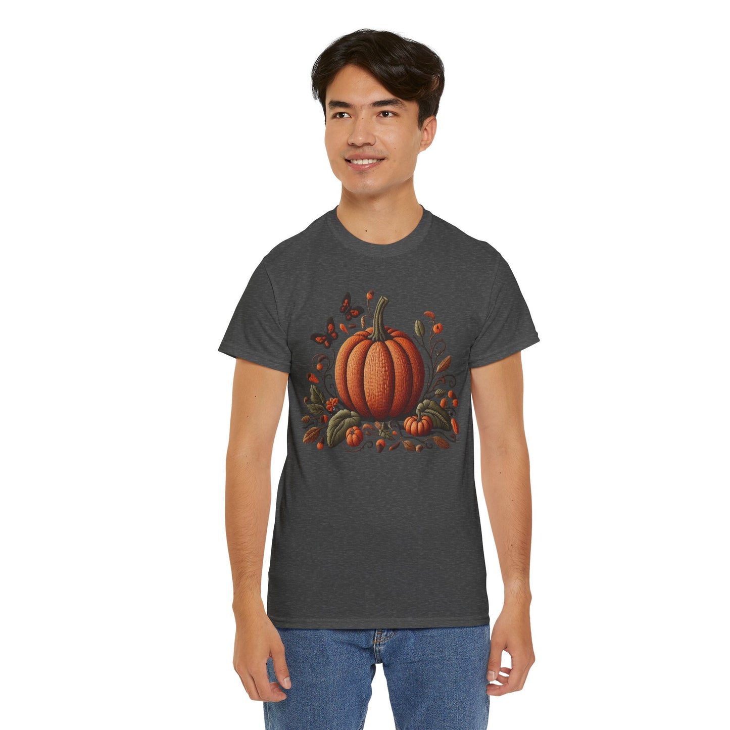Pumpkin & Botanical Bliss โ Autumnโs Cozy Charm ๐๐ - Autumn Pumpkin Tee, Fall T-Shirt, Halloween Shirt, Thanksgiving Gift, Unisex Heavy Cotton Tee