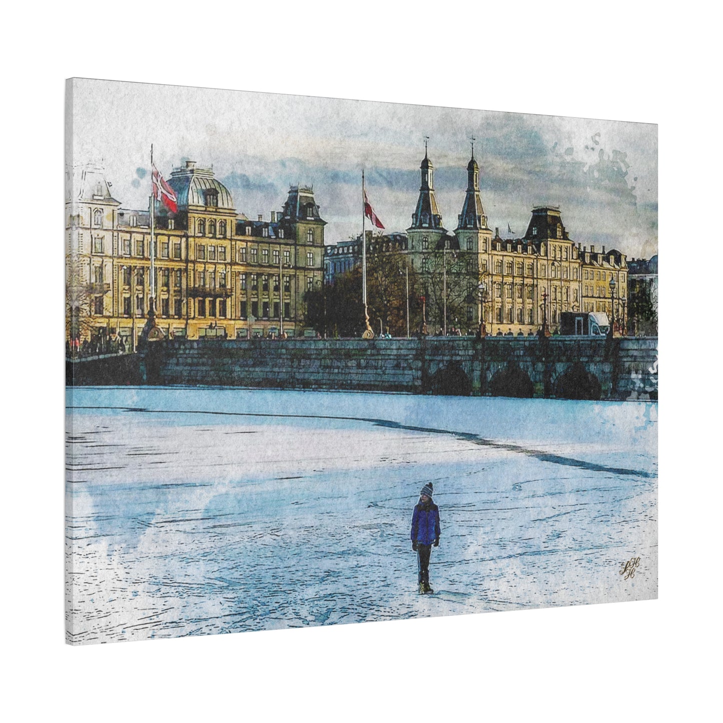 'Winter on 'The Lakes' Copenhagen - Canvas Print Watercolor Art