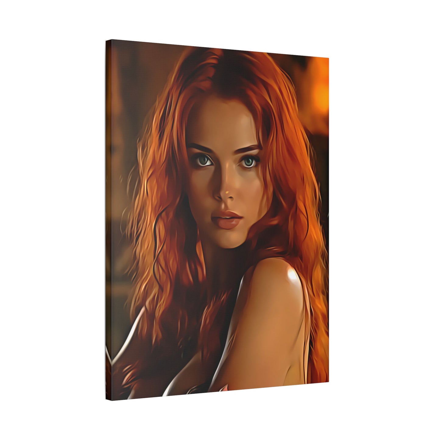 Fiery Muse: Ignite Your Passion with the Radiant Gaze of the Crimson Enchantress - Stretched Canvas Art Print, Vibrant Wall Decor, Art for Living Room, Unique Gift for Art Lovers, Home Decor