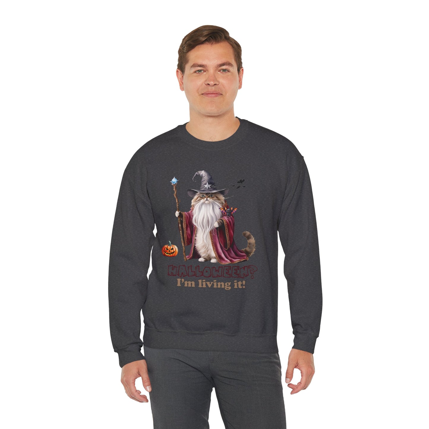 π§ Living the Spell: Wizardry, Whimsy & Halloween Cheer π - Halloween Wizard Sweatshirt, Unisex Crewneck for Fall, Cozy Gift for Cat Lovers, Spooky Season Apparel, Fun Costume Alternative