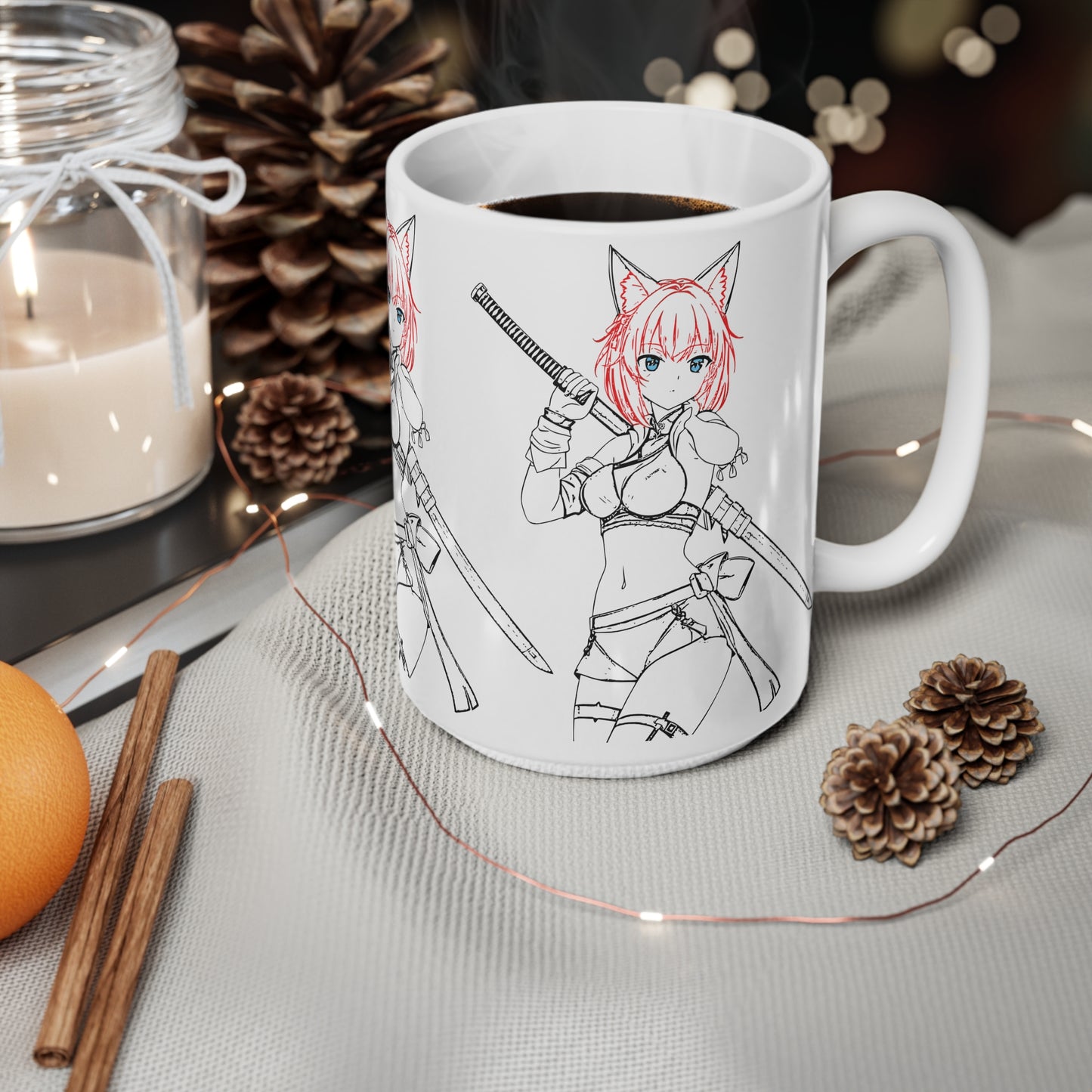 Blade & Whiskers: Unleash Courage and Cuteness with the Fierce Spirit of the Catgirl Warrior - Anime Warrior Ceramic Coffee Cups - Perfect for Gifts, Collectors, and Everyday Use, 11oz, 15oz