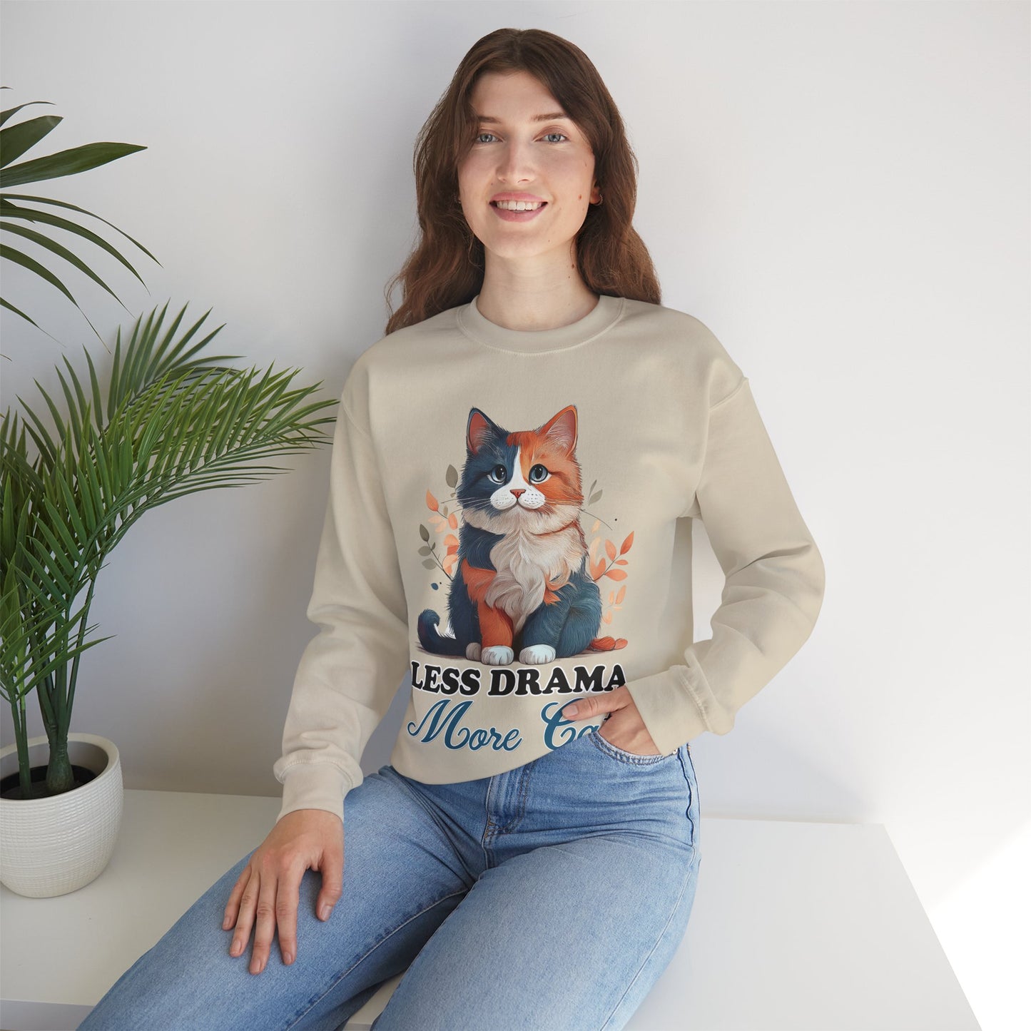 Less Drama, More Cats โ Purrfect Peace in Style ๐พโจ - Cat Lover Crewneck Sweatshirt | Less Drama More Cats | Cozy Gift for Cat Owners, Animal Lovers, Cute Cat Sweatshirt