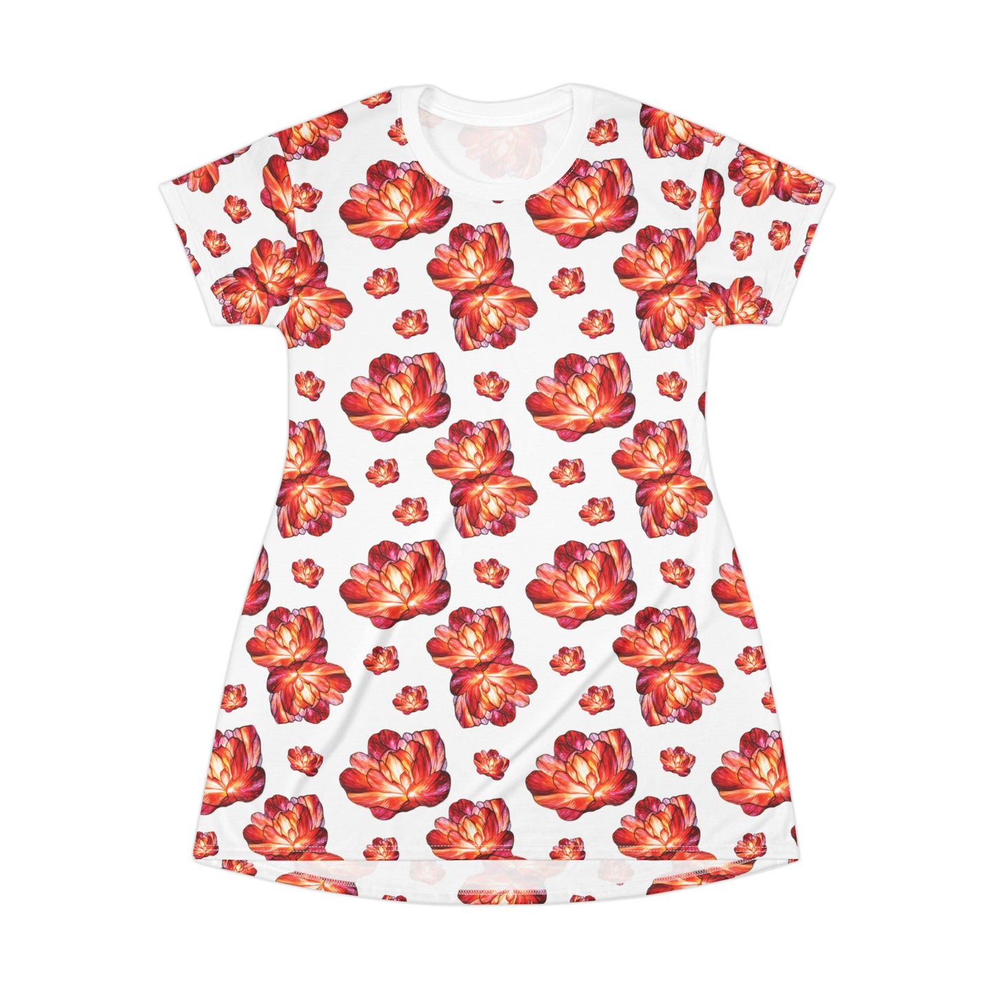 Modern Peone limited eddition design - Floral Print T-Shirt Dress, Casual Summer Dress, Boho Chic Dress, Beachwear, Garden Party Outfit, Gift for Her
