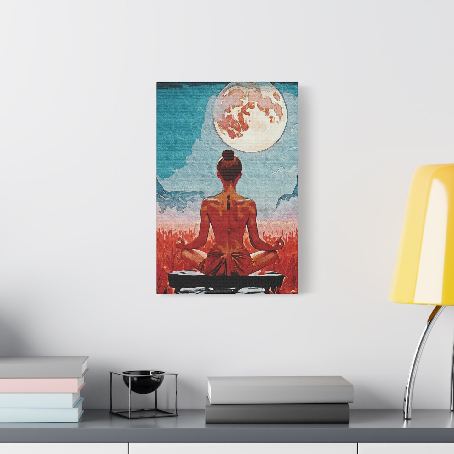 ✨Title: Serenity Under the Full Moon - Meditative Canvas Art Print, Wall Decor, Spiritual Home Decor, Yoga Room Art, Gift for Mindfulness Enthusiasts, Meditation Wall Art