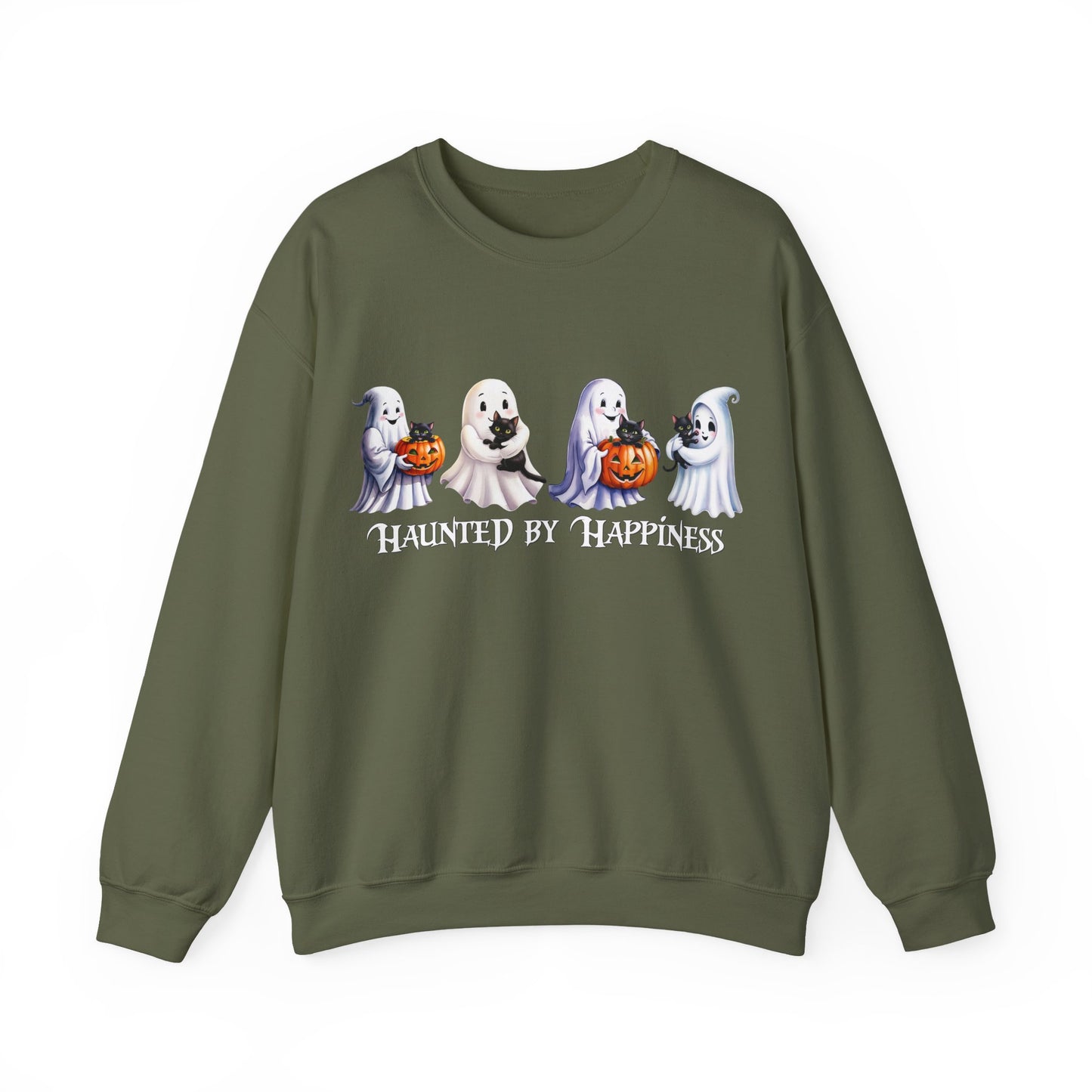 π» Haunted by Happiness: Ghosts of Joy and Candy - Halloween Ghosts Sweatshirt, Cozy Crewneck, Autumn Apparel, Spooky Season Gift, Unisex Sweatshirt for Fall Celebrations