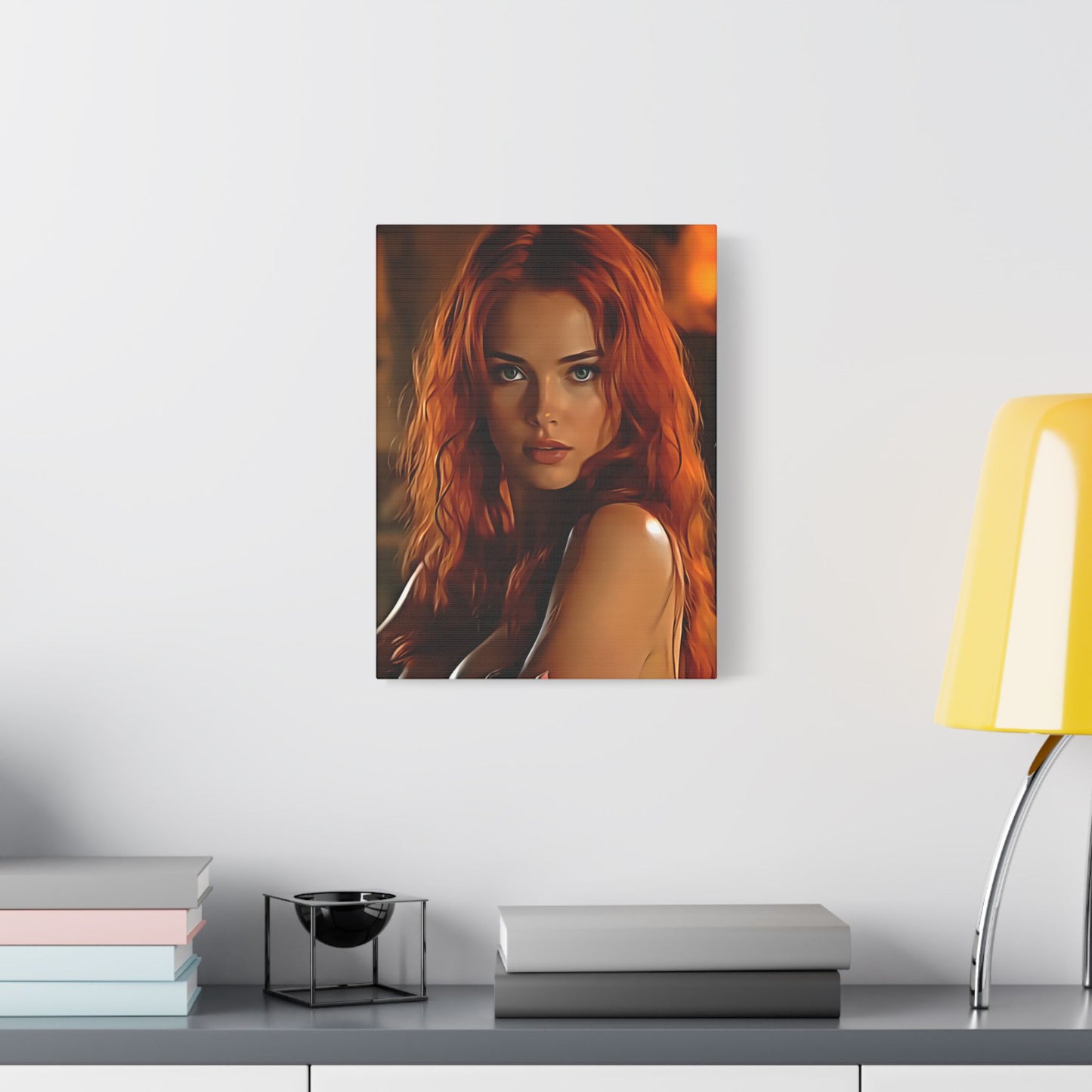 Fiery Muse: Ignite Your Passion with the Radiant Gaze of the Crimson Enchantress - Stretched Canvas Art Print, Vibrant Wall Decor, Art for Living Room, Unique Gift for Art Lovers, Home Decor