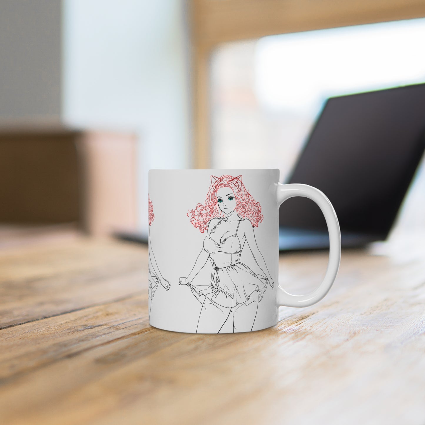 Cute Cat Ear Illustration Ceramic Mug, Gift, Kawaii Style Coffee Cup, Girly Home Decor, Fun Birthday Present
