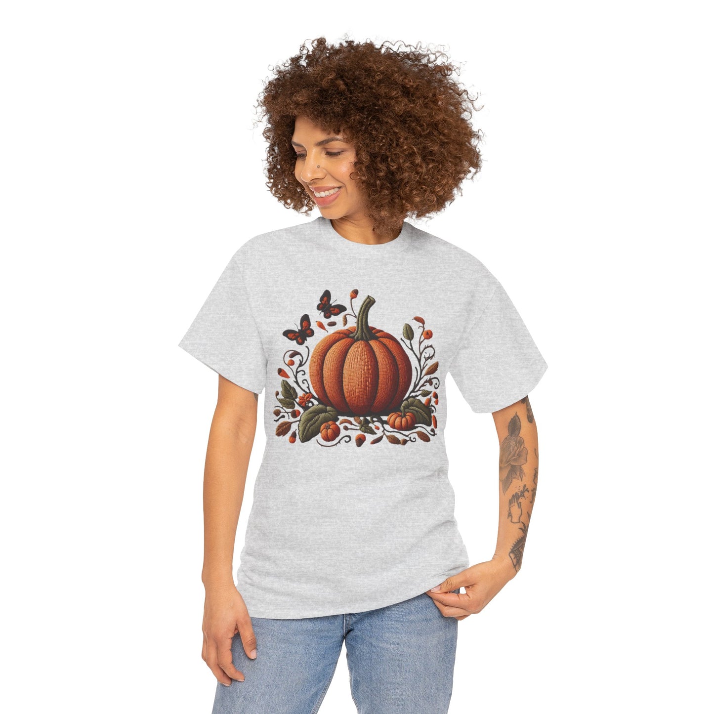 Pumpkin & Botanical Bliss โ Autumnโs Cozy Charm ๐๐ - Autumn Pumpkin Tee, Fall T-Shirt, Halloween Shirt, Thanksgiving Gift, Unisex Heavy Cotton Tee