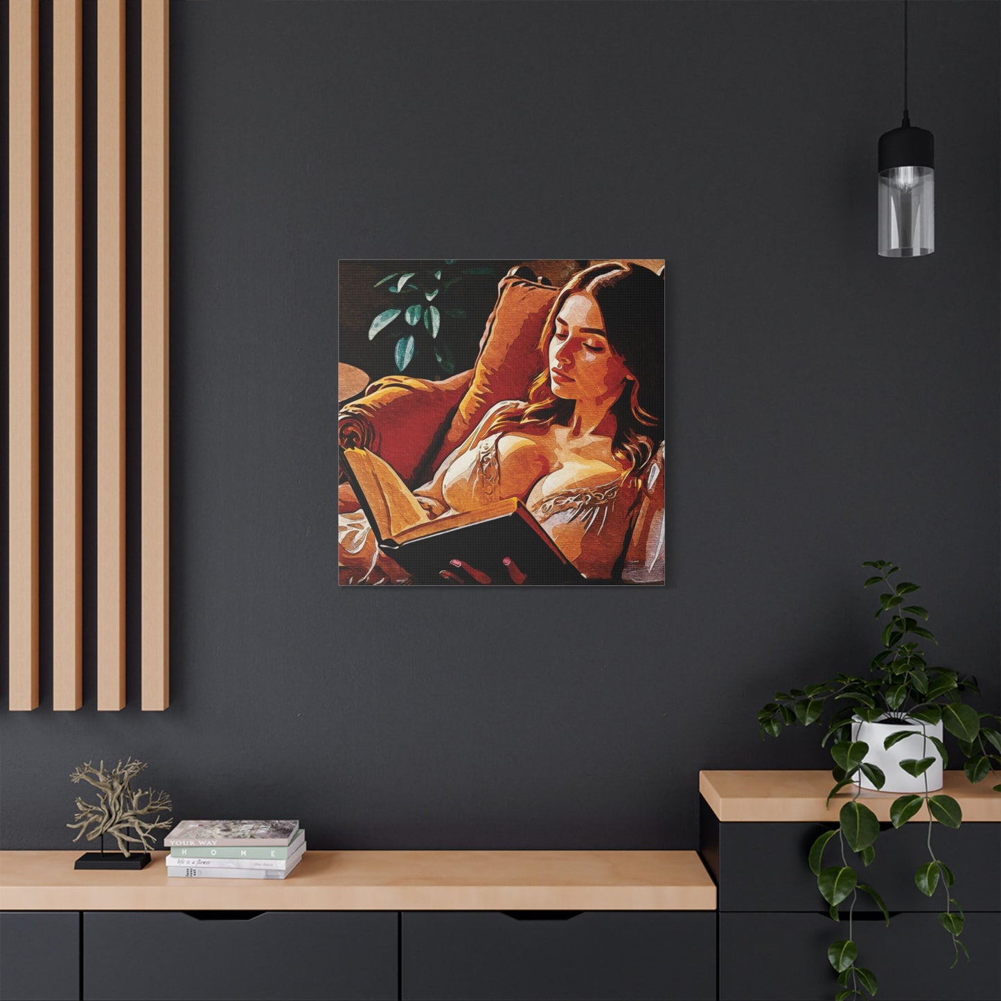 "Golden Hour Reading: Cozy Literary Escape Where Stories Come Alive in Warm Autumn Light" - Elegant Satin Canvas Artwork, Home Decor, Wall Art, Gallery Ready, Gift for Art Lovers, Cozy Vibes, Living Room Decoration