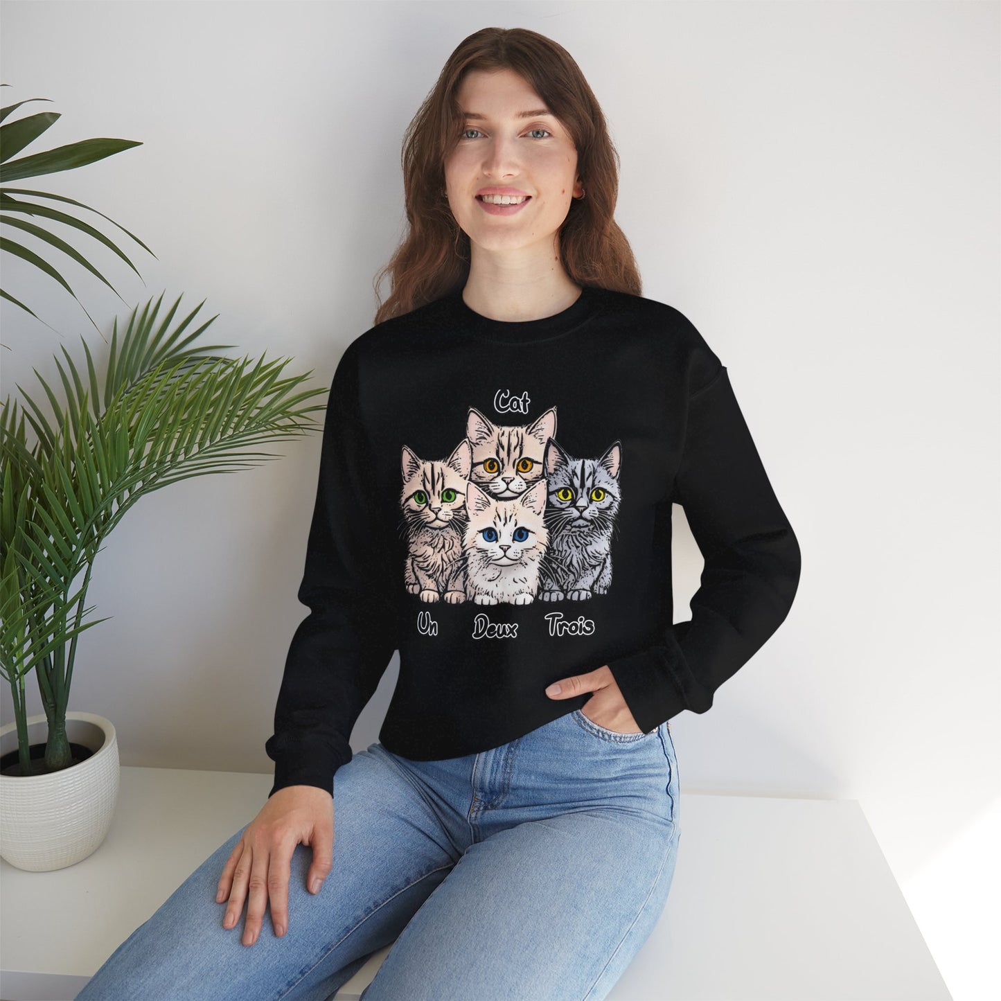 Un, Deux, Trois, Cat: Purrfect Counting Cuteness - Cat Lover Crewneck Sweatshirt, Cozy Pet Sweatshirt, Gift for Cat Owners, Cute Animal Apparel, Cat-Themed Fashion