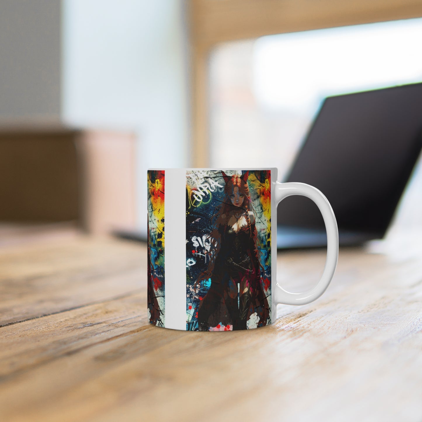 Warrior Anime Catgirl – Urban Fantasy Power on Character Mug, Unique Gift, Artful Coffee Cup, Anime Lover's Mug, Decorative Drinkware