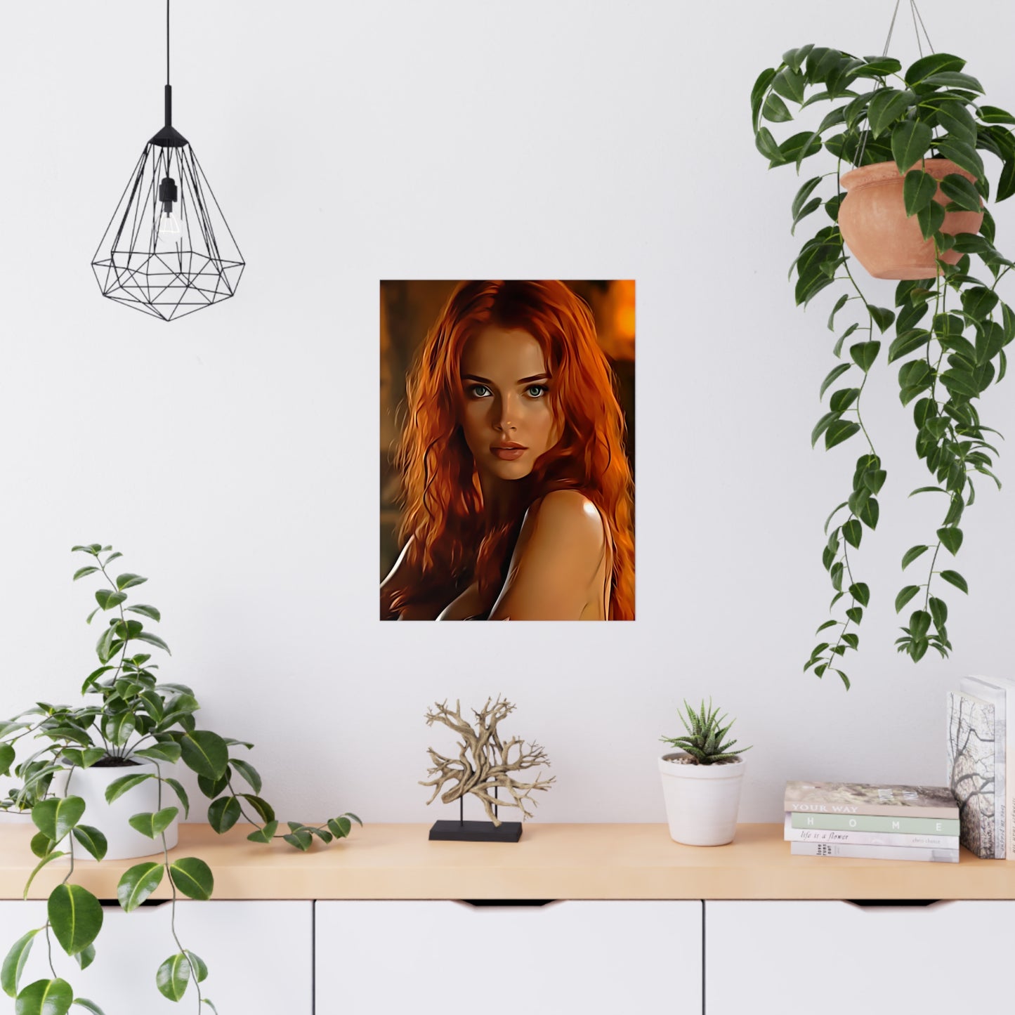 Fiery Muse: Ignite Your Passion with the Radiant Gaze of the Crimson Enchantress - Vibrant Matte Poster Art, Captivating Wall Decor, Perfect Gift for Art Lovers, Home Aesthetic, Unique Artwork for Any Occasion