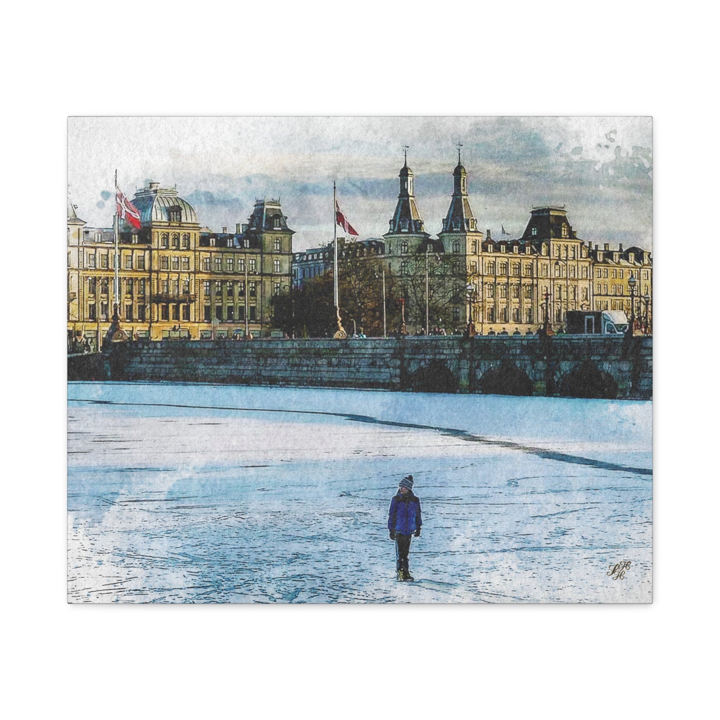 'Winter on 'The Lakes' Copenhagen - Canvas Print Watercolor Art