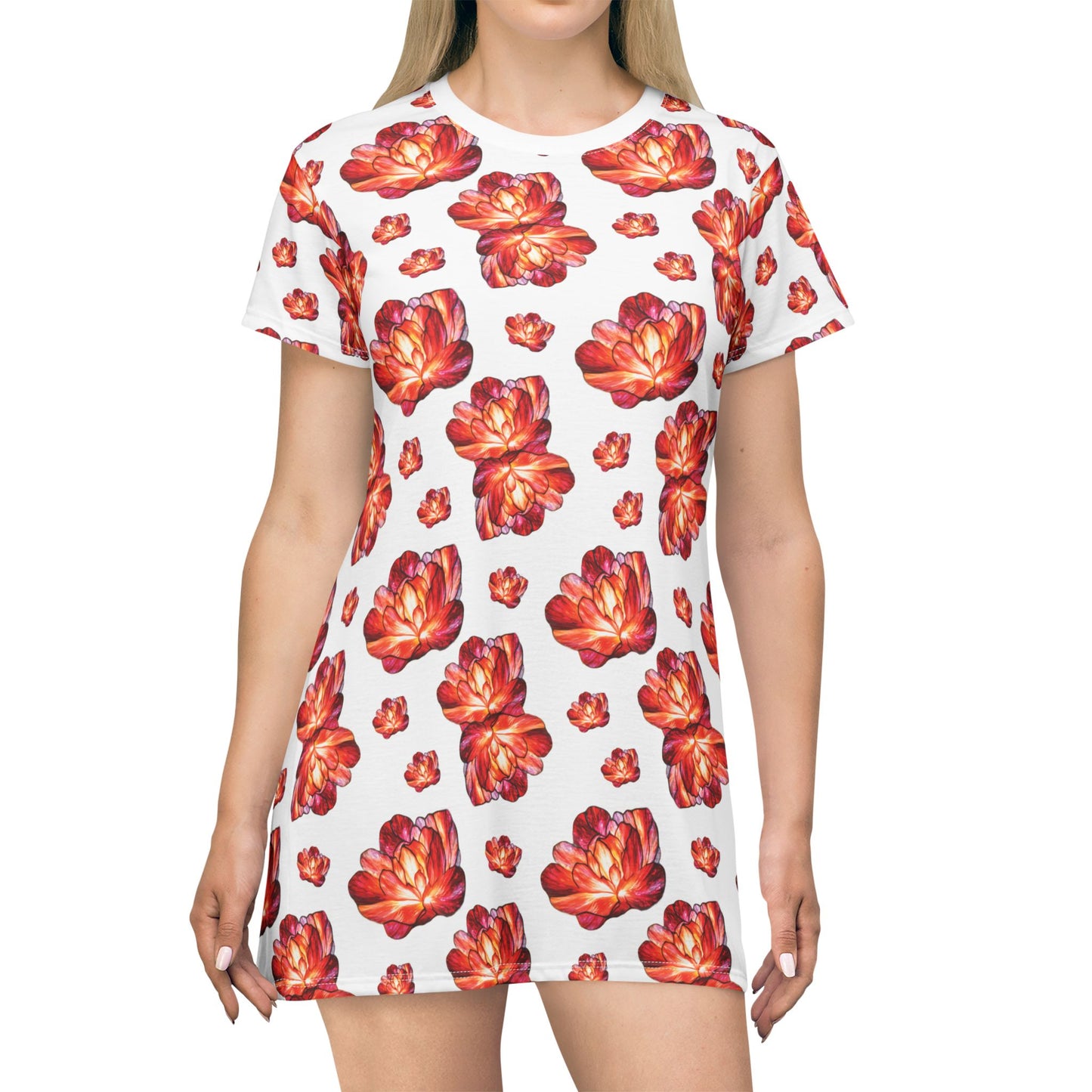 Modern Peone limited eddition design - Floral Print T-Shirt Dress, Casual Summer Dress, Boho Chic Dress, Beachwear, Garden Party Outfit, Gift for Her