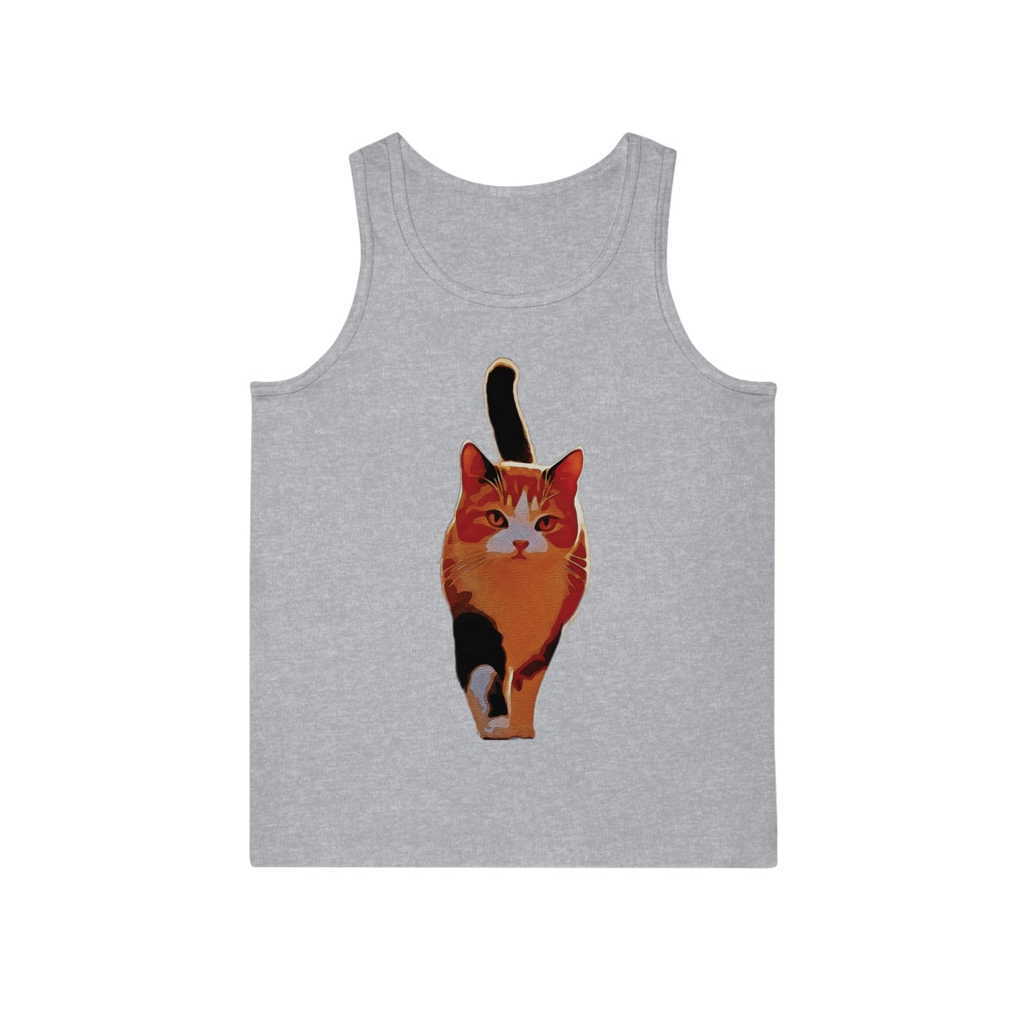 “Confident Stride: The Tri-Color Cat That Walks Like It Owns the World” - Cat Lover Unisex Tank Top, Softstyle Tee for Pet Lovers, Casual Wear, Gifts for Cat Owners, Summer Fashion