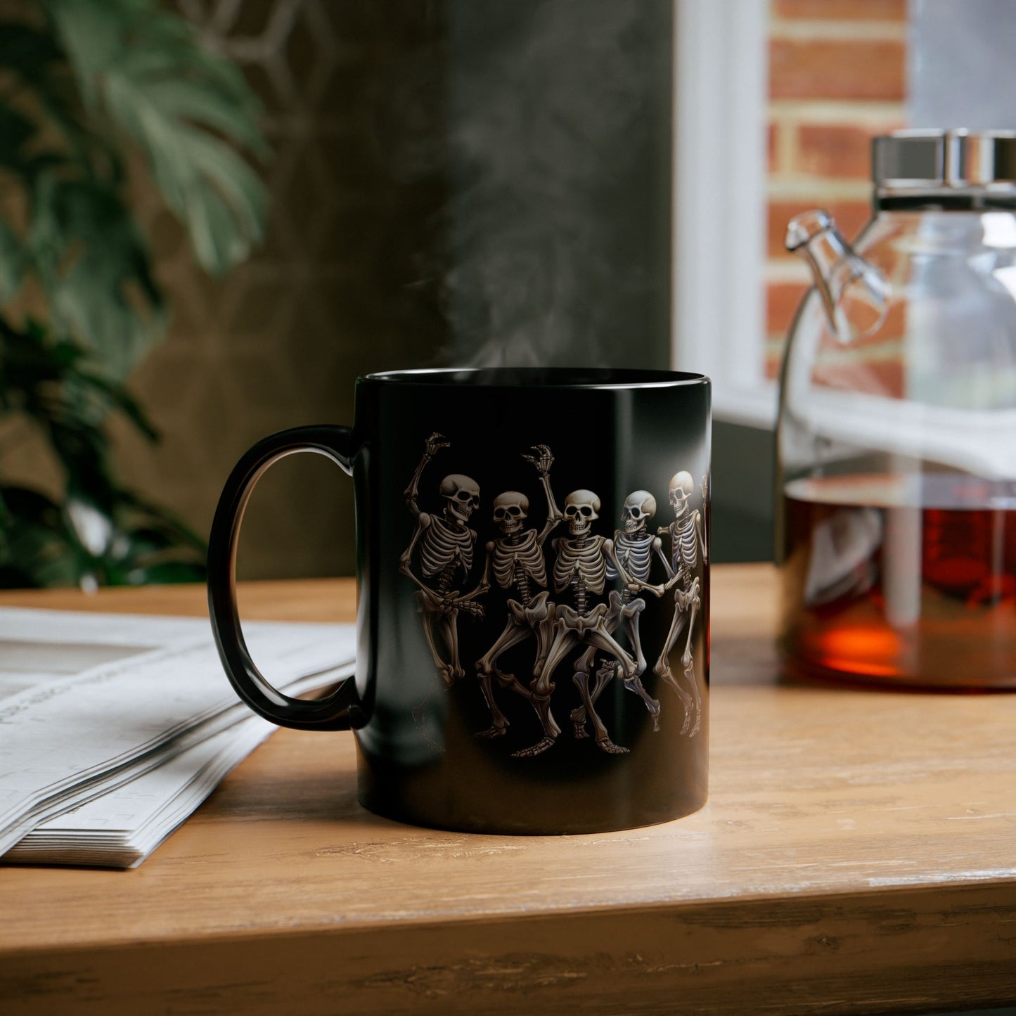 "Celebrate Life with Dancing Skeletons – Bold Apparel & Mugs that Spark Joy" - Skeleton Dance Black Mug - Halloween Coffee Cup, Spooky Gift, Funny Skeleton Mug, Partyware, Unique Halloween Decor