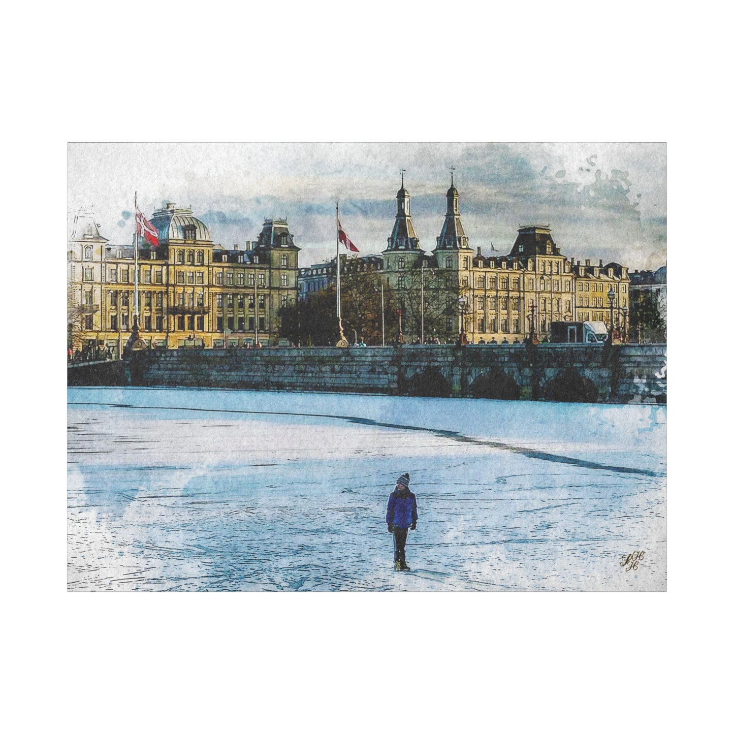 'Winter on 'The Lakes' Copenhagen - Canvas Print Watercolor Art