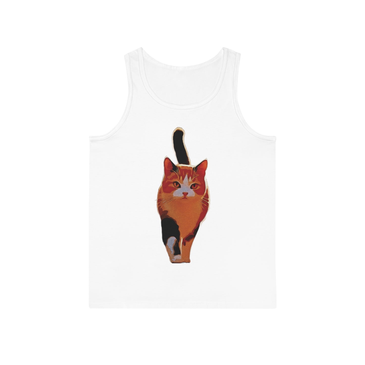 “Confident Stride: The Tri-Color Cat That Walks Like It Owns the World” - Cat Lover Unisex Tank Top, Softstyle Tee for Pet Lovers, Casual Wear, Gifts for Cat Owners, Summer Fashion