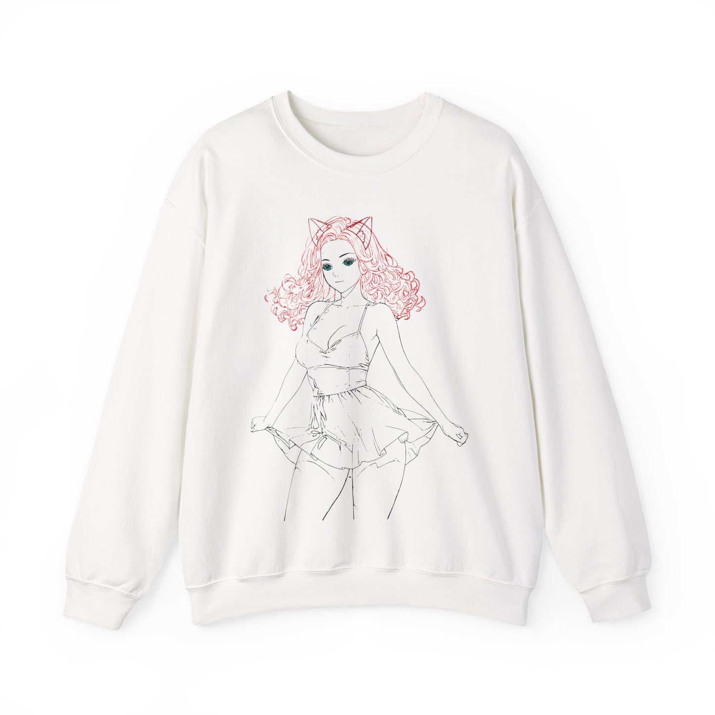 Chic Catgirl Crewneck Sweatshirt for Cozy Style, Women’s Fashion, Casual Wear, Gift for Cat Lovers, Cute Cartoon Apparel