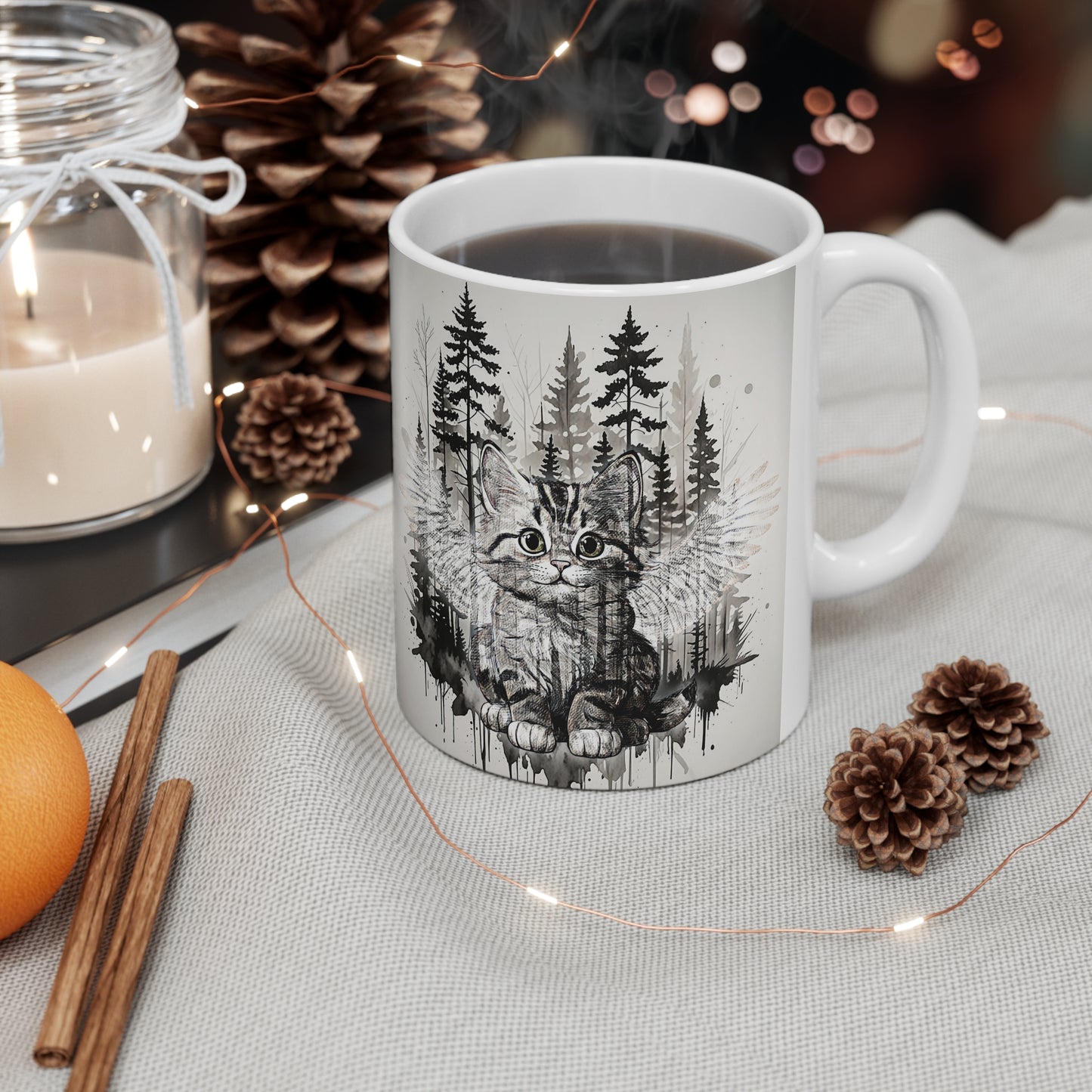 Artistic Fantasy Cat and Forest Ceramic Coffee Cups - 11oz & 15oz