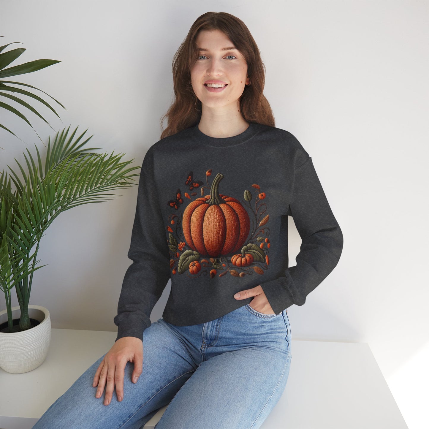 Pumpkin & Botanical Bliss โ Autumnโs Cozy Charm ๐๐ - Autumn Pumpkin Sweatshirt - Cozy Fall Apparel, Unisex Crewneck, Thanksgiving Gift, Seasonal Fashion, Pumpkin Patch Style