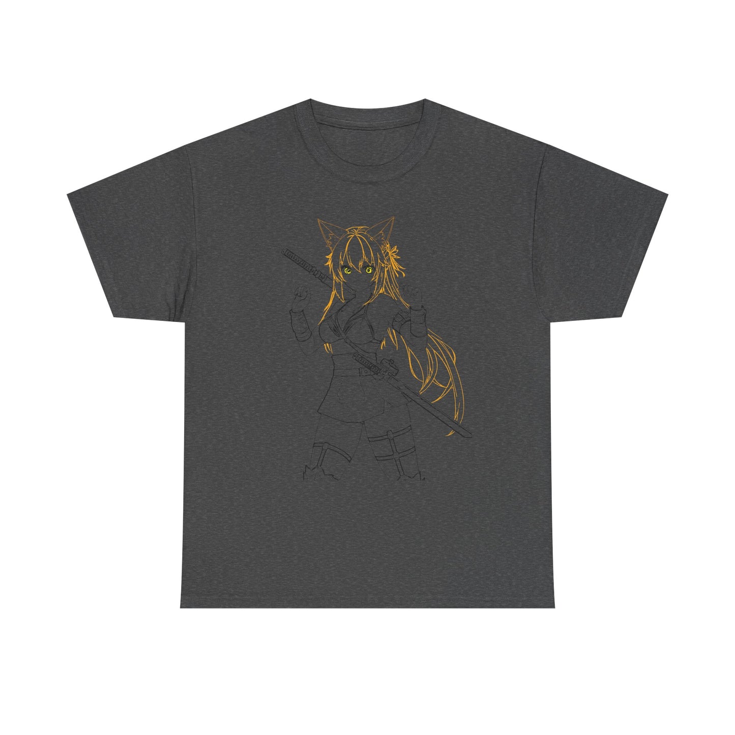 Cat-Eared Blade – Anime Warrior Power on Tees - Anime Samurai Unisex Heavy Cotton Tee, Cute Graphic T-Shirt, Comfortable Casual Wear, Gifts for Anime Lovers, Birthday Surprise