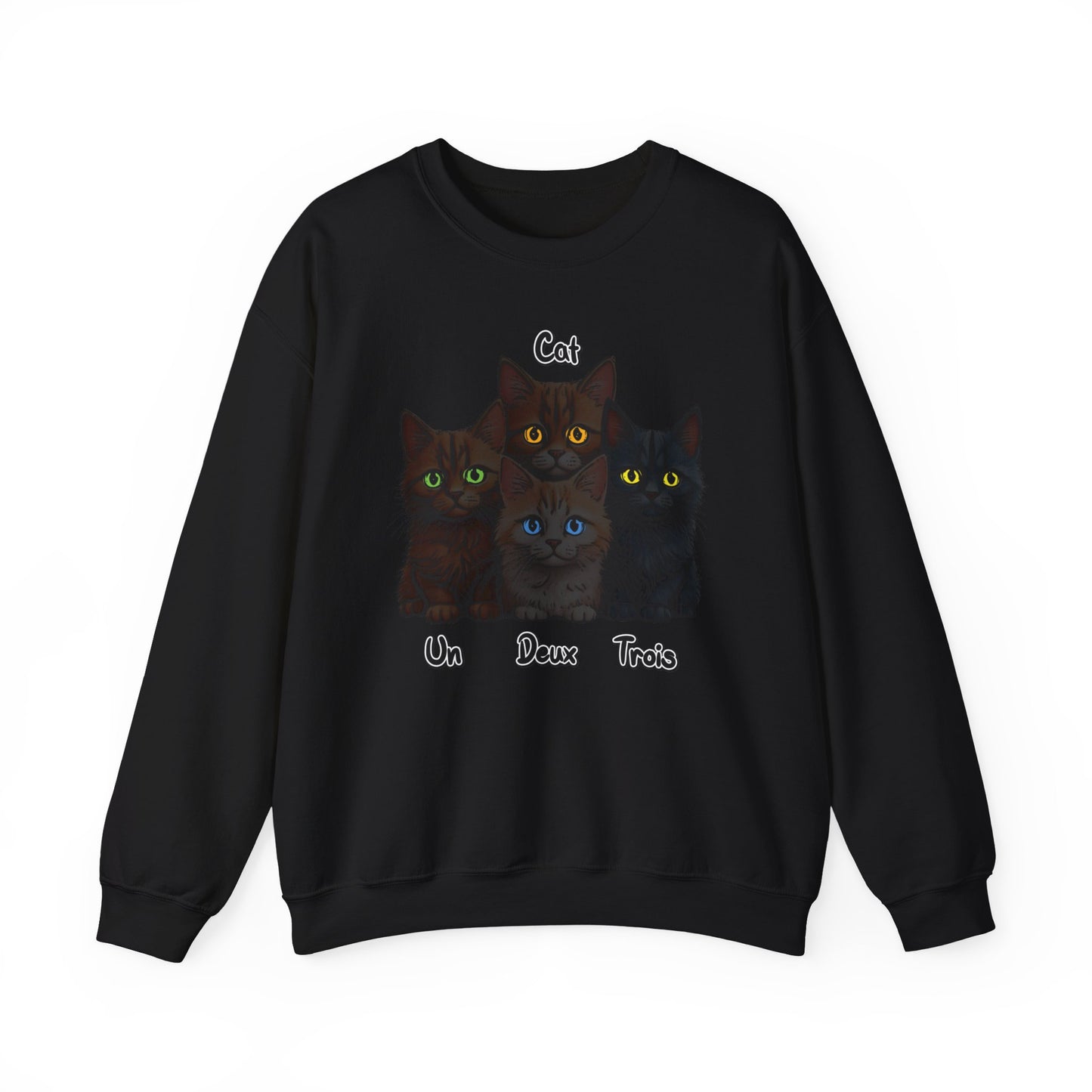 Un, Deux, Trois, Cat (Black Edition): Purrfect Counting Cuteness - Cozy Cat Lover Crewneck Sweatshirt, Casual Cat Sweatshirt, Gifts for Cat Lovers, Unique Cat Apparel, Cat Themed Clothing