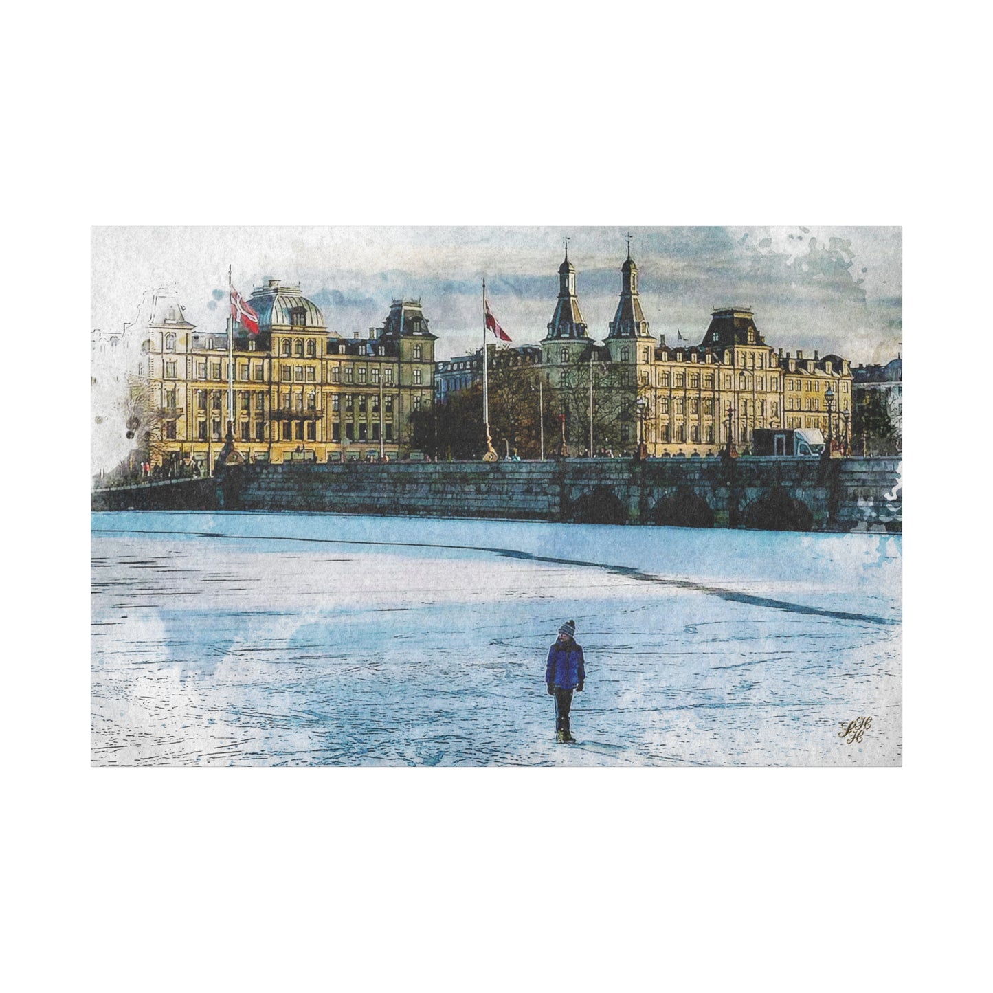 'Winter on 'The Lakes' Copenhagen - Canvas Print Watercolor Art