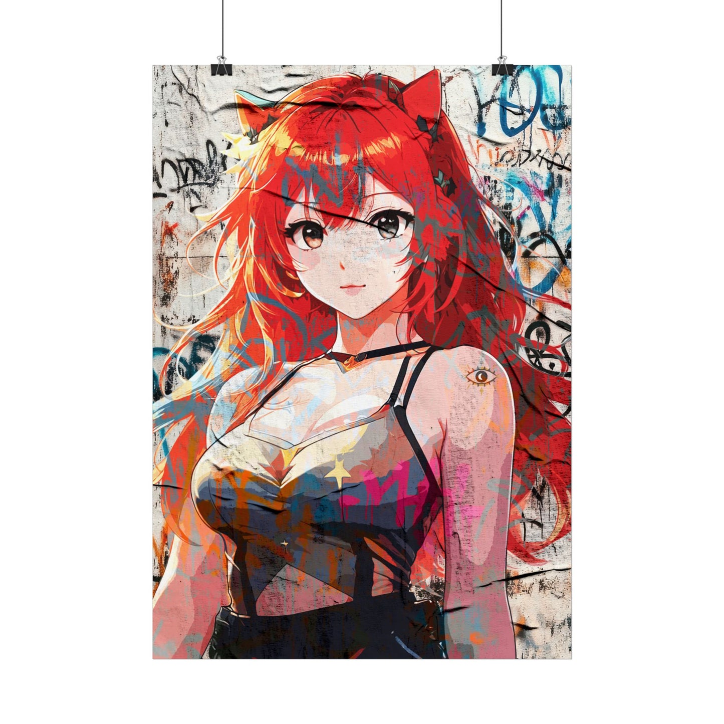 Vibrant Anime Poster – "Beautiful Redhead Catgirl" Edgy Art Print for Home Decor