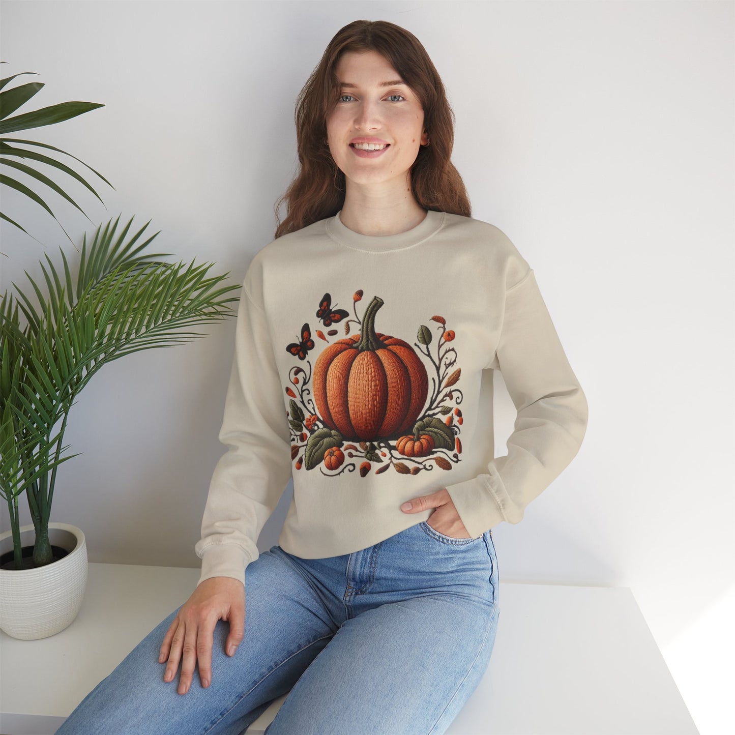 Pumpkin & Botanical Bliss โ Autumnโs Cozy Charm ๐๐ - Autumn Pumpkin Sweatshirt - Cozy Fall Apparel, Unisex Crewneck, Thanksgiving Gift, Seasonal Fashion, Pumpkin Patch Style