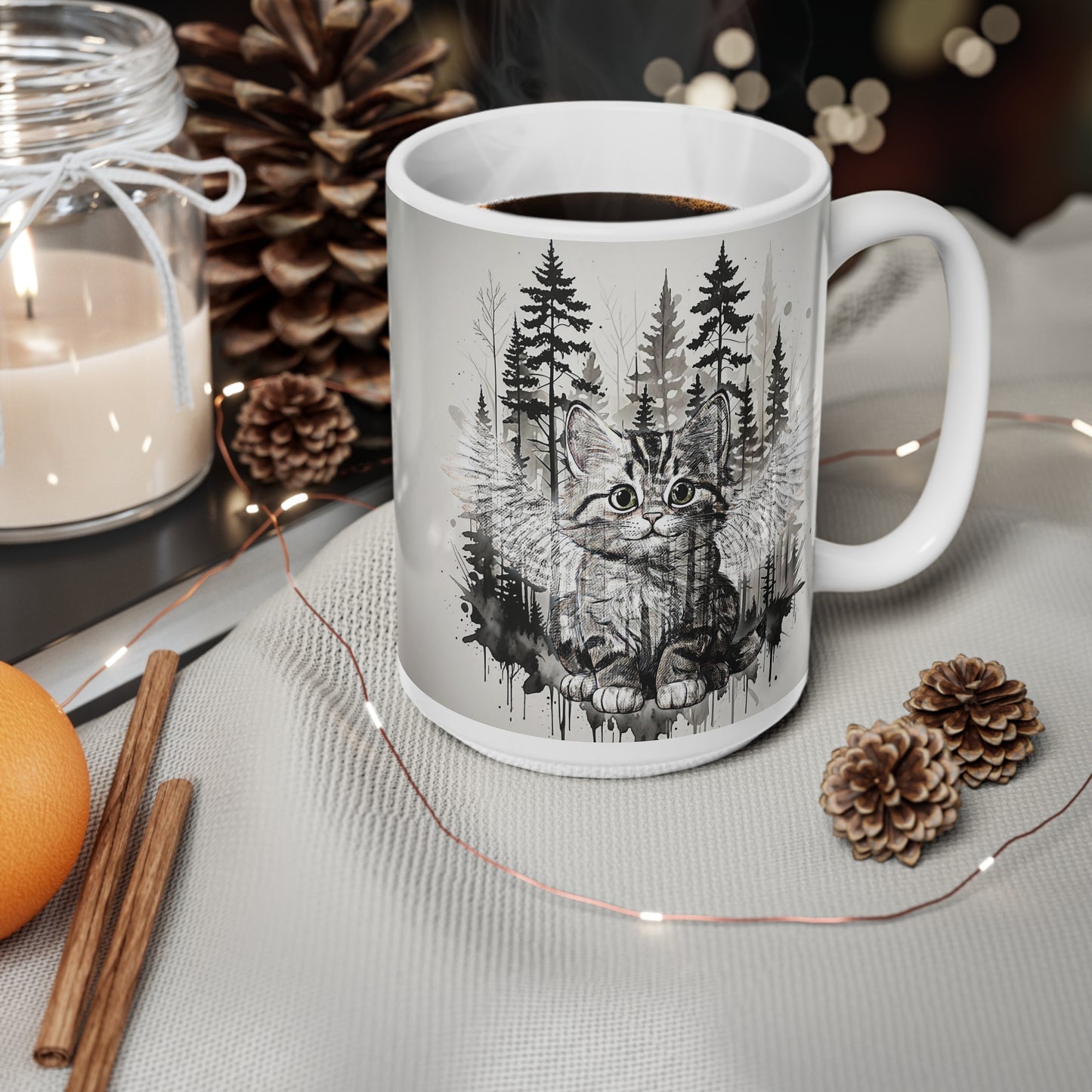 Artistic Fantasy Cat and Forest Ceramic Coffee Cups - 11oz & 15oz