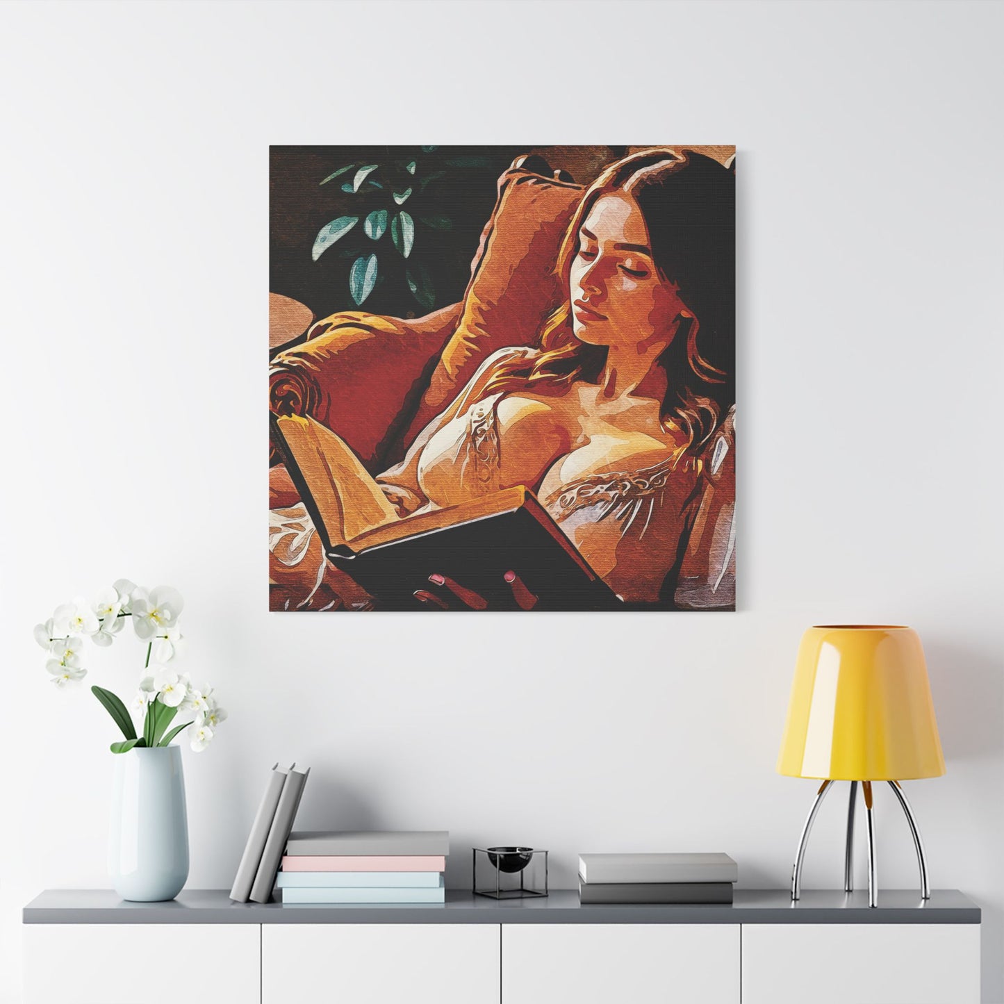 "Golden Hour Reading: Cozy Literary Escape Where Stories Come Alive in Warm Autumn Light" - Elegant Satin Canvas Artwork, Home Decor, Wall Art, Gallery Ready, Gift for Art Lovers, Cozy Vibes, Living Room Decoration