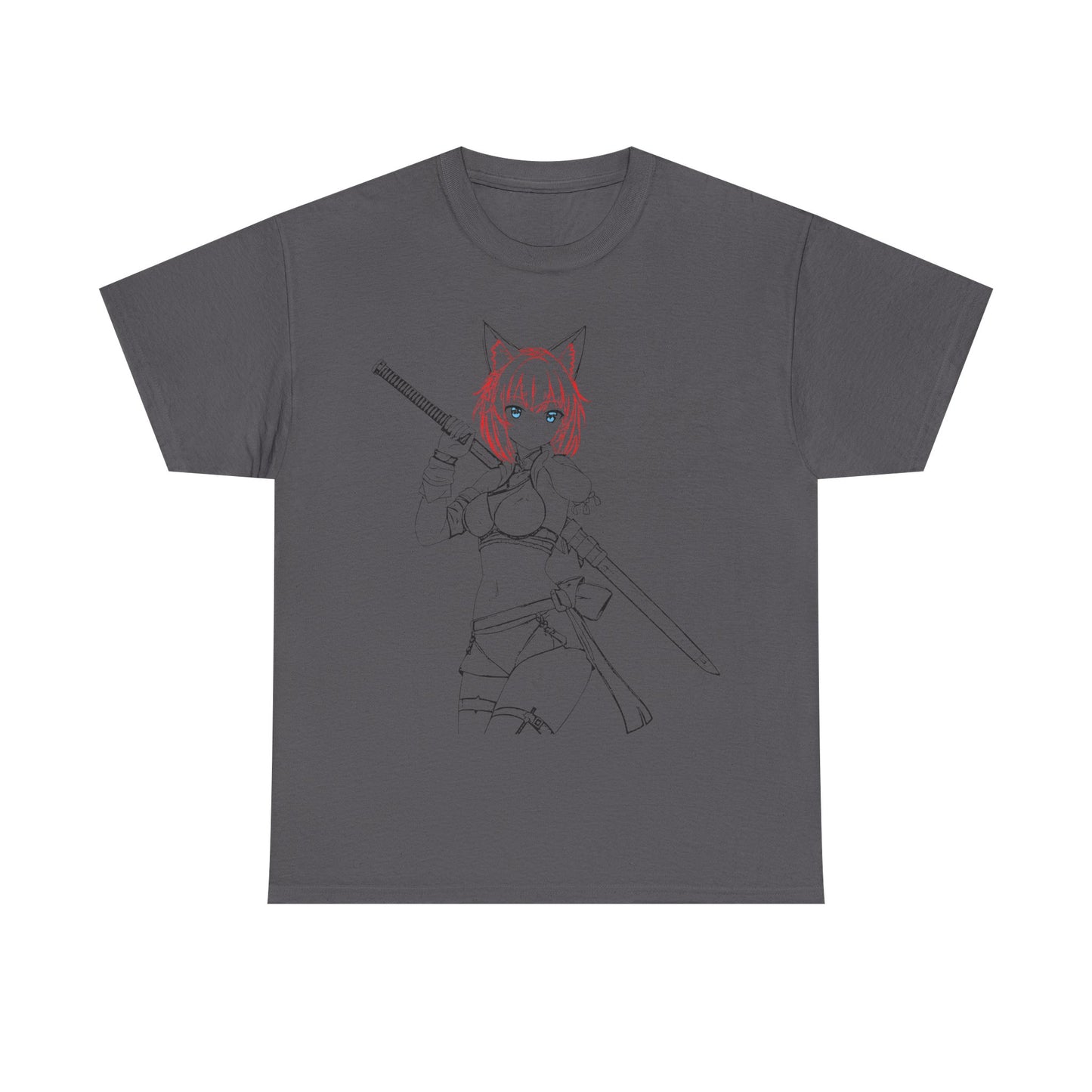 Blade & Whiskers: Unleash Courage and Cuteness with the Fierce Spirit of the Catgirl Warrior - Anime-Inspired Unisex Heavy Cotton Tee, Casual Wear, Gift for Gamers, Anime Lovers, Graphic Tee, Soft Cotton T-Shirt