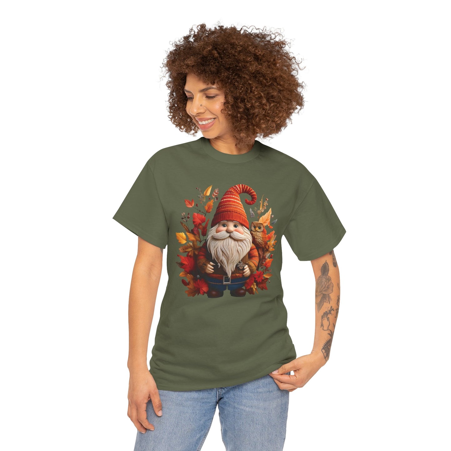 Gnome & Owl Autumn Harmony โ Cozy Magic for the Season ๐๐งก - Tee, Fall T-Shirt, Cozy Halloween Shirt, Pumpkin Spice Gift, Unisex Cotton Top