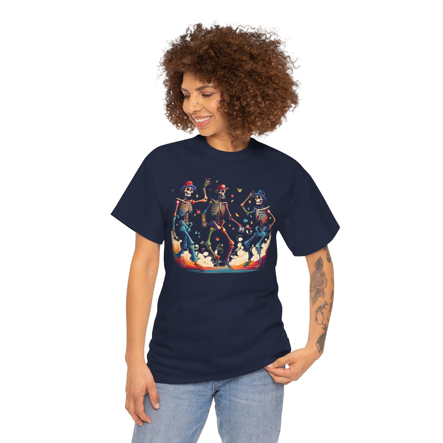 Dancing Skeletons Halloween Party - Spooky Fun Celebration Art - Festive Autumn Spirit Collection - Colorful Skeleton Dance Tee, Casual Halloween T-Shirt, Unique Gift for Parties, Unisex Graphic Shirt, Fun Everyday Wear