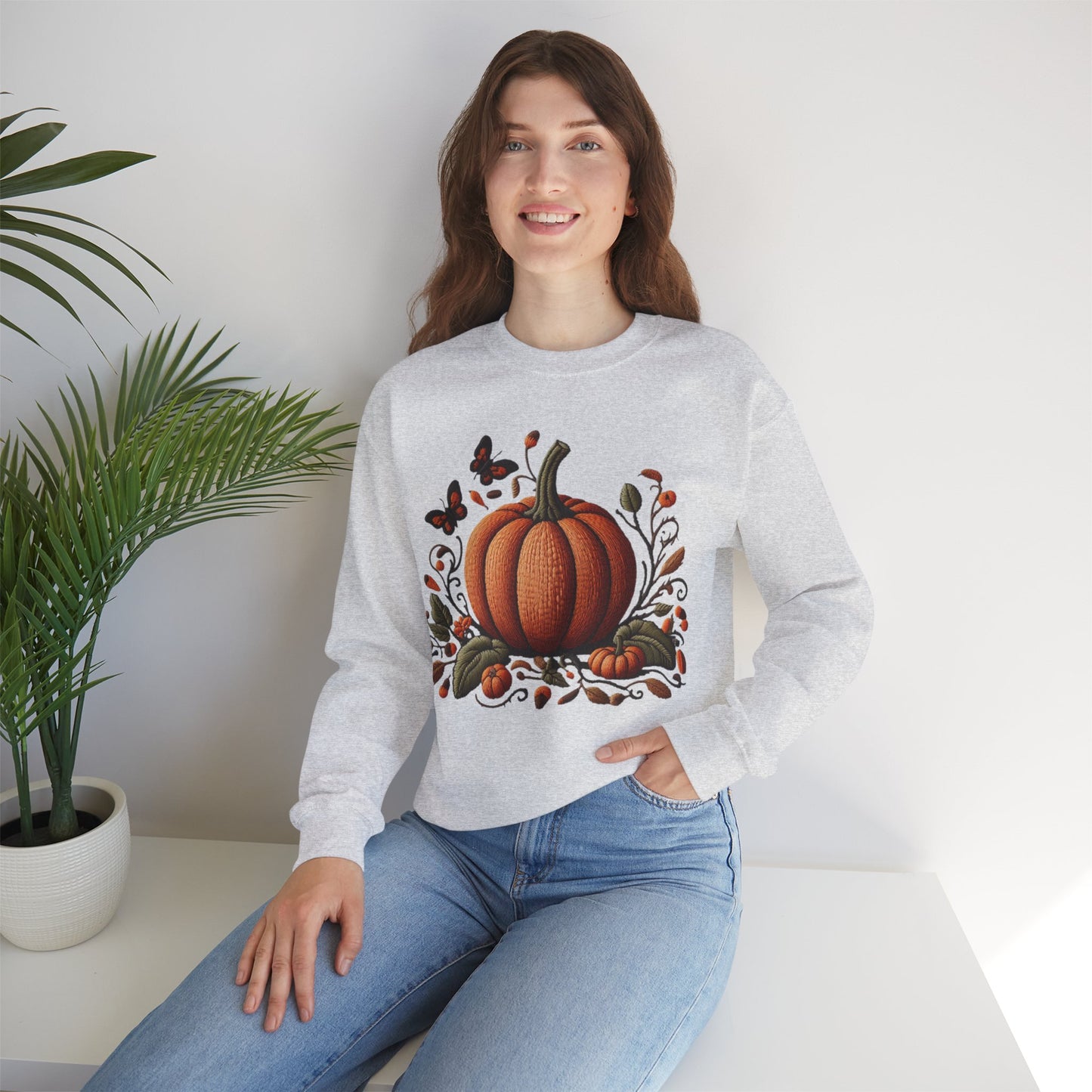 Pumpkin & Botanical Bliss โ Autumnโs Cozy Charm ๐๐ - Autumn Pumpkin Sweatshirt - Cozy Fall Apparel, Unisex Crewneck, Thanksgiving Gift, Seasonal Fashion, Pumpkin Patch Style