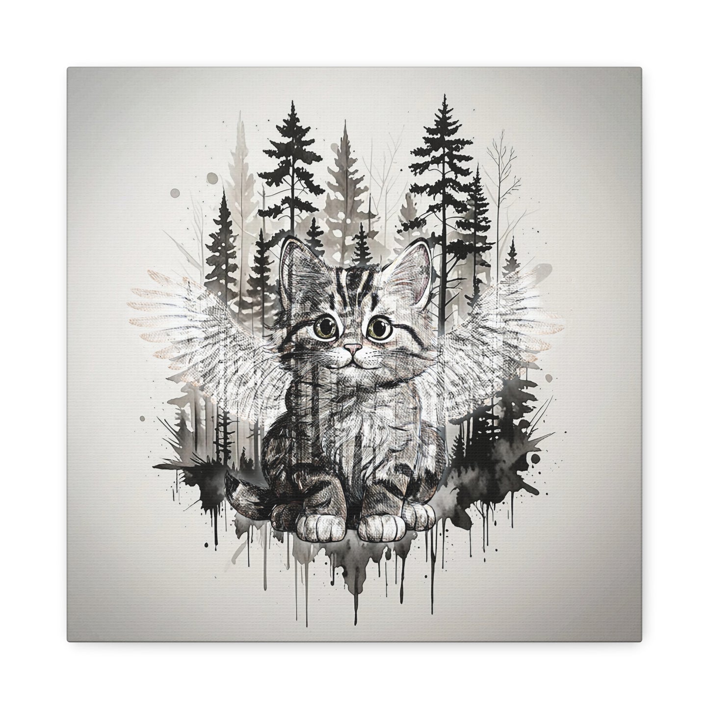 Your personal Guardian Cat Canvas Wall Art - 1.25" Stretched Matte Print with Angel Wings and Forest Theme