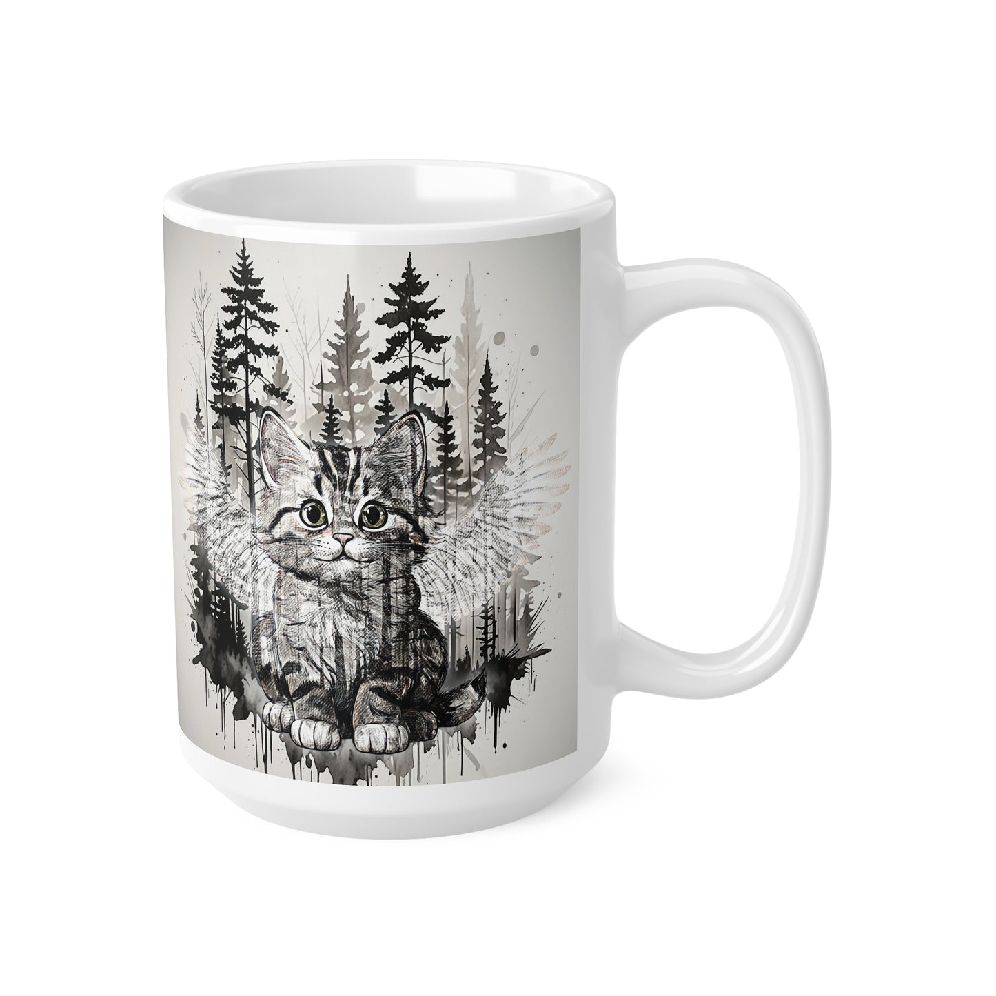 Artistic Fantasy Cat and Forest Ceramic Coffee Cups - 11oz & 15oz