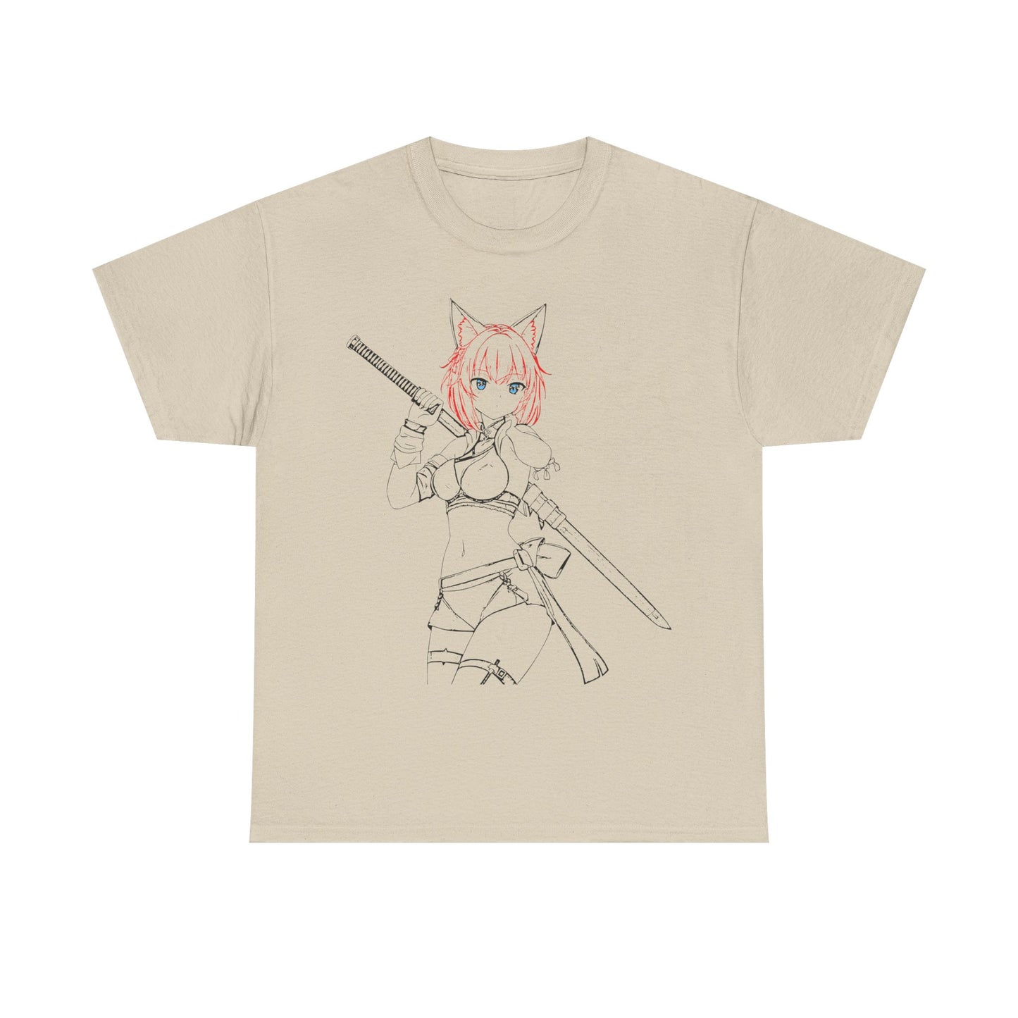 Blade & Whiskers: Unleash Courage and Cuteness with the Fierce Spirit of the Catgirl Warrior - Anime-Inspired Unisex Heavy Cotton Tee, Casual Wear, Gift for Gamers, Anime Lovers, Graphic Tee, Soft Cotton T-Shirt
