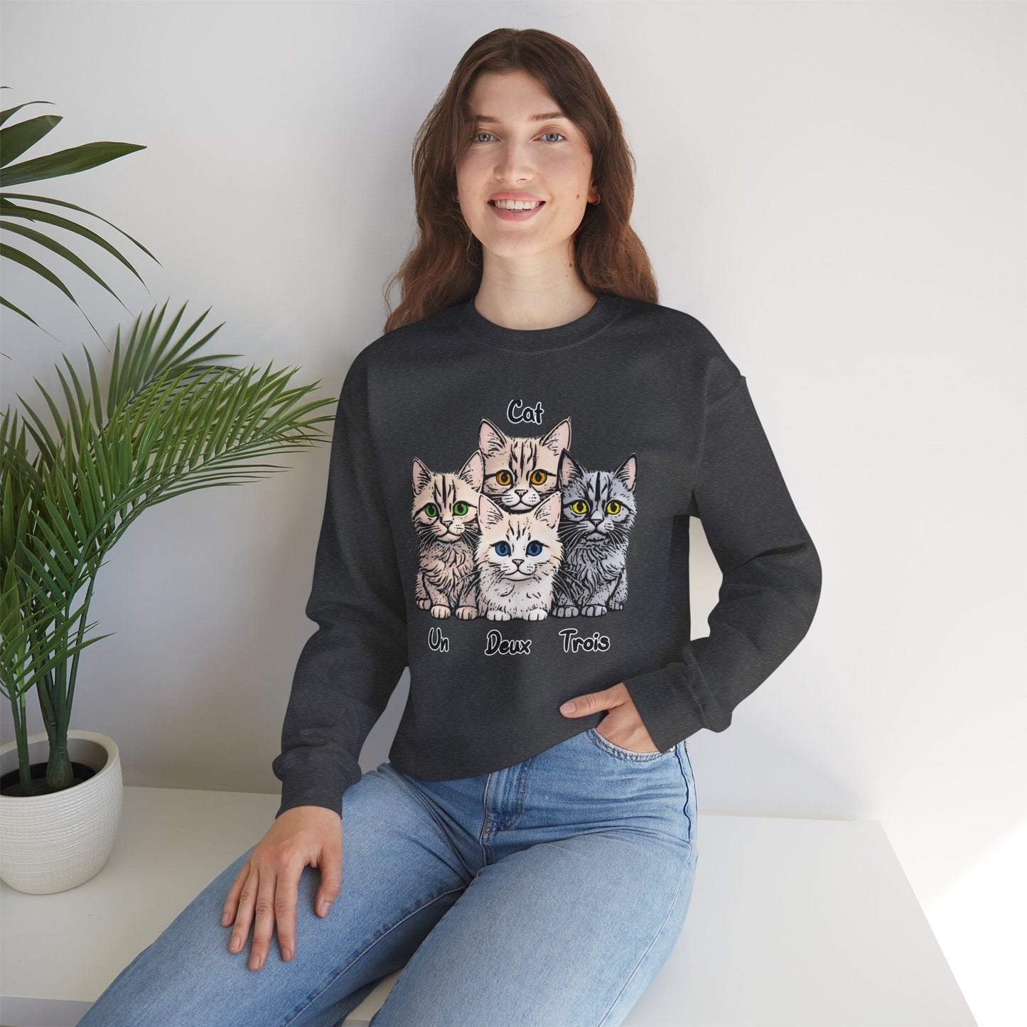 Un, Deux, Trois, Cat: Purrfect Counting Cuteness - Cat Lover Crewneck Sweatshirt, Cozy Pet Sweatshirt, Gift for Cat Owners, Cute Animal Apparel, Cat-Themed Fashion