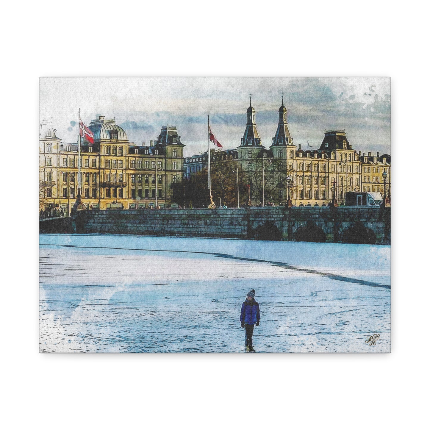 'Winter on 'The Lakes' Copenhagen - Canvas Print Watercolor Art