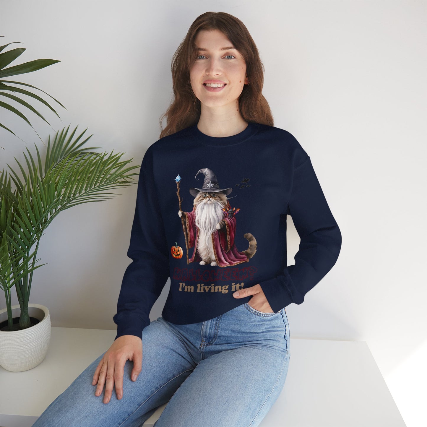 π§ Living the Spell: Wizardry, Whimsy & Halloween Cheer π - Halloween Wizard Sweatshirt, Unisex Crewneck for Fall, Cozy Gift for Cat Lovers, Spooky Season Apparel, Fun Costume Alternative