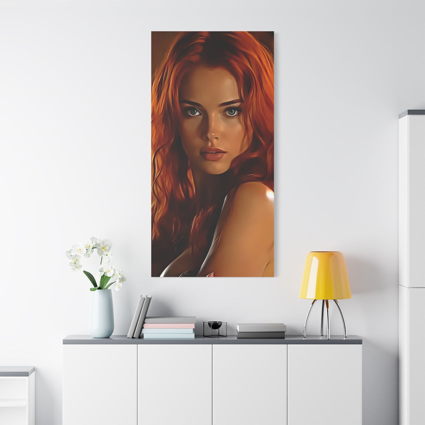 Fiery Muse: Ignite Your Passion with the Radiant Gaze of the Crimson Enchantress - Stretched Canvas Art Print, Vibrant Wall Decor, Art for Living Room, Unique Gift for Art Lovers, Home Decor