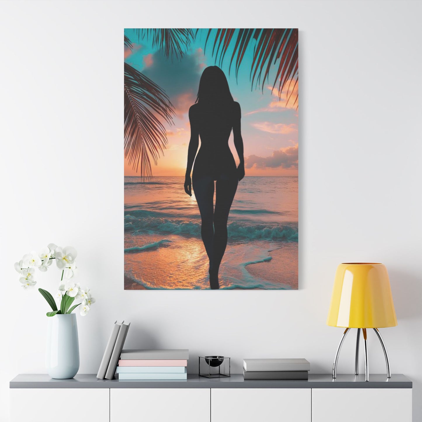 Sunset Spirit – Where Silhouettes and Palm Dreams Meet the Sea - Beach Sunset Canvas Art, Coastal Wall Decor, Tropical Home Decor, Silhouette Print, Relaxing Artwork, Perfect Gift for Nature Lovers