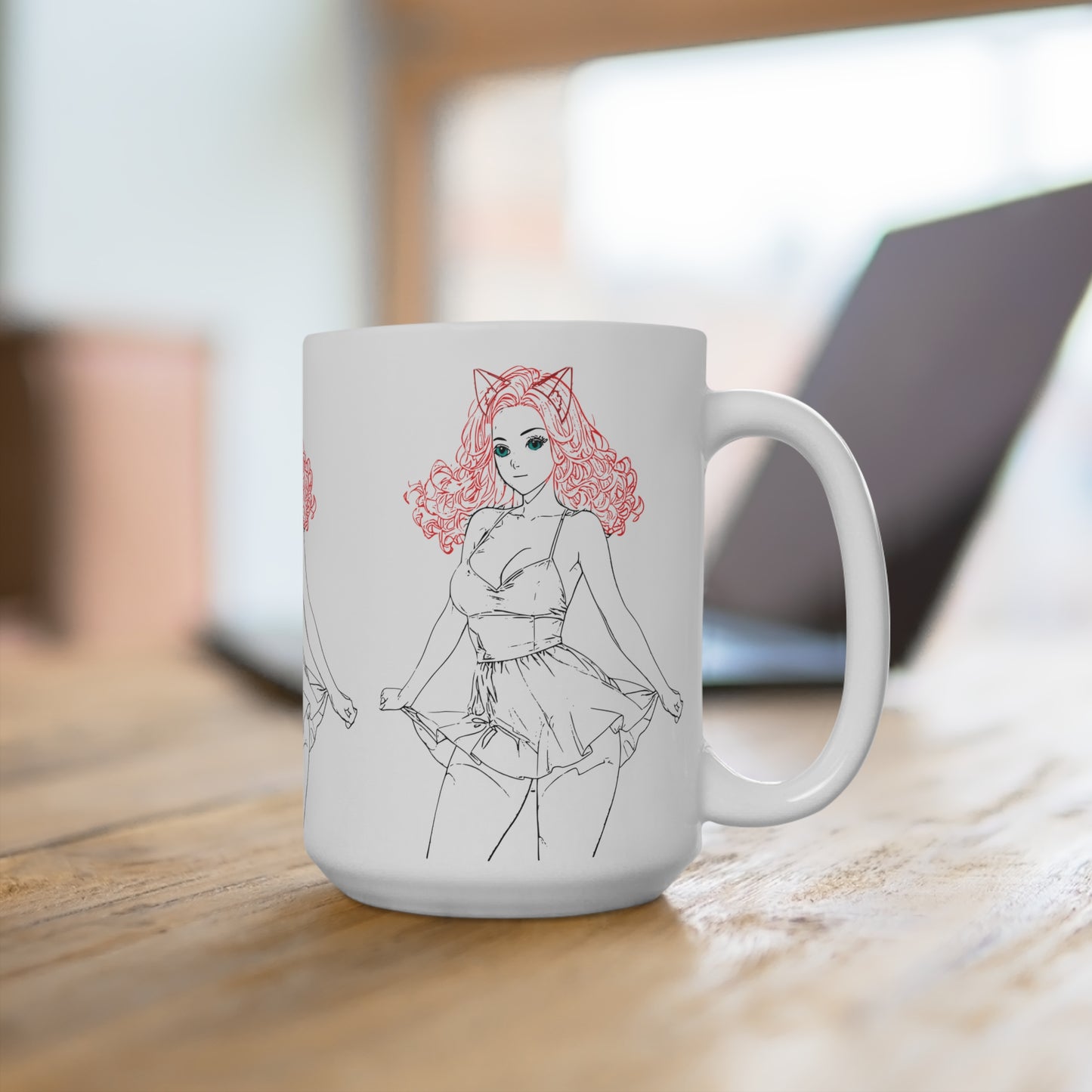 Cute Cat Ear Illustration Ceramic Mug, Gift, Kawaii Style Coffee Cup, Girly Home Decor, Fun Birthday Present
